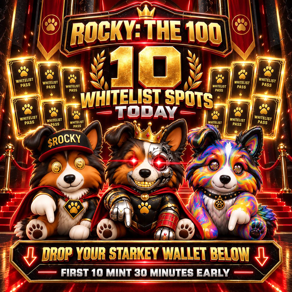 Rockydogmeme's tweet photo. WOOOOFFF!

We’ll be giving away 10 whitelists today, first 10 @Starkey_wallet wallets dropped below will be invited to mint 30 mins before public mint. https://t.co/GWMJFIXQ21