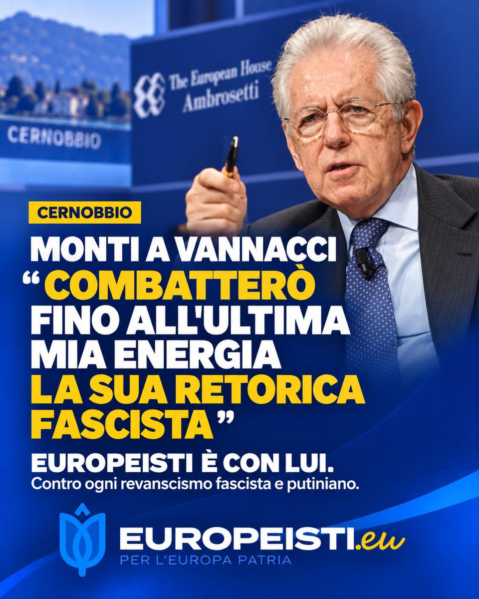 pier_falasca's tweet photo. C’è un vizio antico della borghesia italiana: genuflettersi davanti al pagliaccio populista di turno.

Oggi a Cernobbio il favore è toccato a Roberto Vannacci. Invitato, celebrato, trattato come interlocutore rispettabile mentre porta sul palco il suo “me ne frego”, celebra chi demolisce Bruxelles e continua a normalizzare parole, suggestioni e simboli della peggiore tradizione fascista italiana.

Mentre una parte dei salotti buoni italiani gli stende il tappeto rosso, solo il senatore Mario Monti gli ha detto in faccia ciò che andava detto: combatterà fino all’ultima energia ogni tentativo di ricostruire la retorica del fascismo.

Noi Europeisti saremo dalla stessa parte.

#Europeisti #Vannacci #Cernobbio #Antifascismo #Monti