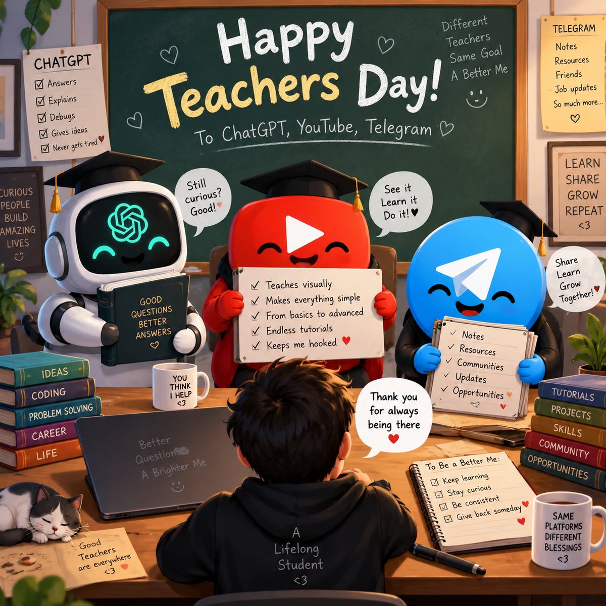 devrittikX's tweet photo. Happy Teachers’ Day! 🎓❤️

To my three unpaid professors:
🤖 ChatGPT - for answering everything
▶️ YouTube - for showing me how
✈️ Telegram - for providing the “study material” 😭

My attendance may be questionable, but the learning never stopped. 😂

#Teachers #ChatGPT #YT https://t.co/yodEDILABj
