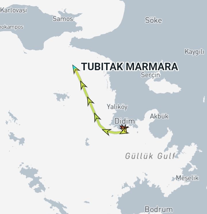 gemitrafik's tweet photo. 1-15 Eylül dönemi için Meis güneyinde NAVTEX ilan edilen TÜBİTAK MARMARA araştırma gemisi, sahadaki görevinin ardından Didim üzerinden Marmara Ereğlisi'ne dönüş seyrine geçti. Yunanistan'ın karşı-NAVTEX yayımladığı operasyona ilişkin resmi açıklama henüz yok. #Navtex #Denizcilik https://t.co/l90yYV2KKN
