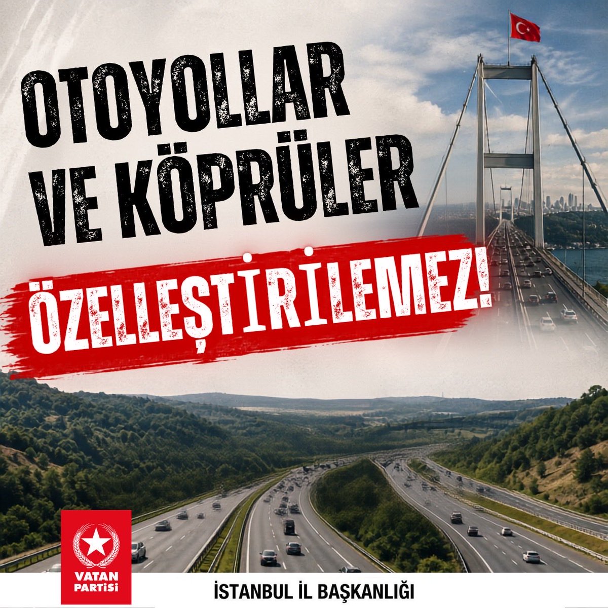 VatanPartisiist's tweet photo. 8 otoyol ve 2 köprü halkın malıdır. 

Otoyollar ve Köprüler özelleştirilemez! https://t.co/oZWzrrOUVu