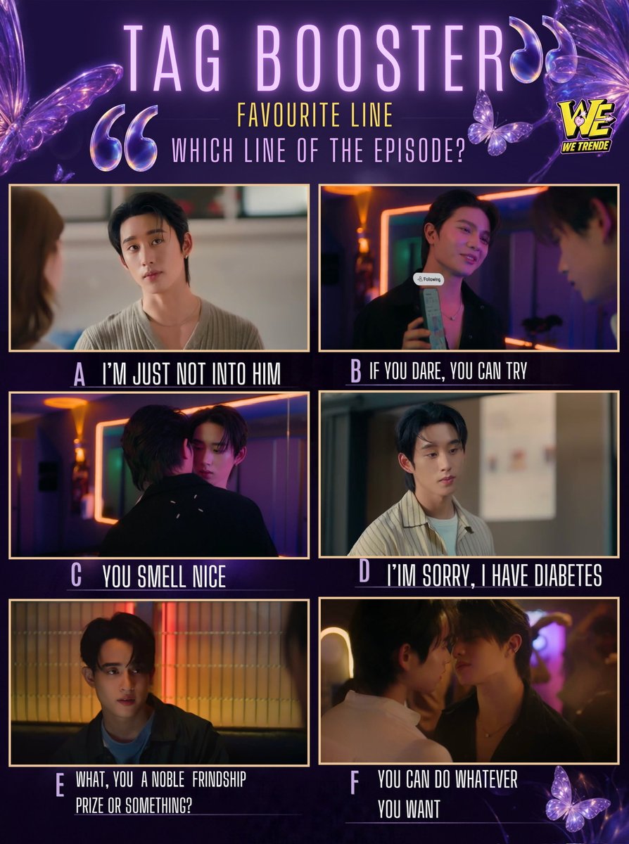 WE_TRENDE's tweet photo. ཐི༏ཋྀ . ݁₊ ⊹ YOU MANIAC TAG BOOSTER
└─ FAVOURITE LINE

Choose your favourite line from Episode 1:

A — “I’m just not into him.”
B — “If you dare, you can try.”
C — “You smell nice.”
D — “I’m sorry, I have diabetes.”
E — “What, are you a Nobel Friendship Prize or something?”
F — “You can do whatever you want.”

QT or Reply to this post with your answer, the HT.

 #YouManiacSeriesEP2