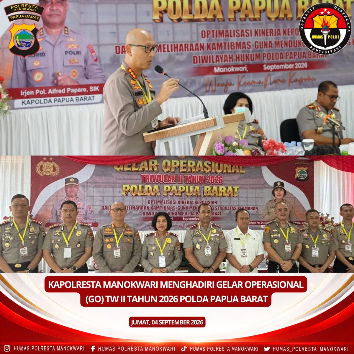 POLRESTA_MKW's tweet photo. KAPOLRESTA MANOKWARI HADIRI GELAR OPERASIONAL (GO) TW II TAHUN 2026 POLDA PAPUA BARAT

Kapolresta Manokwari menghadiri kegiatan Gelar Operasional (GO) Triwulan II Tahun 2026 Polda Papua Barat yang dilaksanakan di Manokwari. https://t.co/qezsgPGm9I