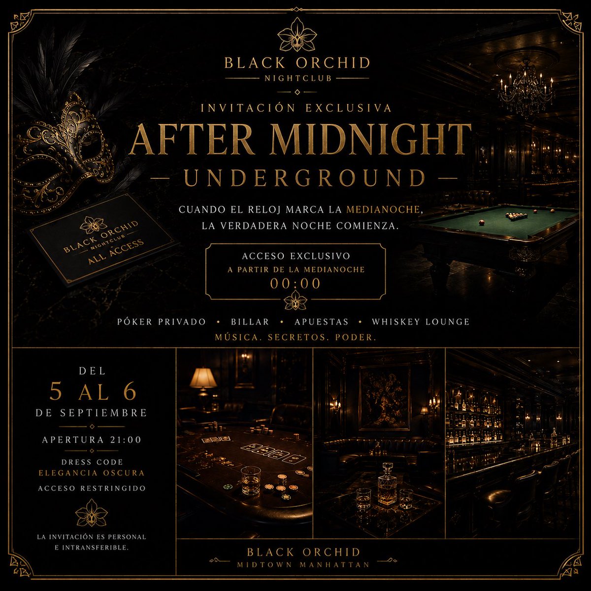 BlackOrchidNY's tweet photo. ⠀
𓂃 𝐀𝐅𝐓𝐄𝐑 𝐌𝐈𝐃𝐍𝐈𝐆𝐇𝐓 𓂃 ⠀⠀  𝐔𝐍𝐃𝐄𝐑𝐆𝐑𝐎𝐔𝐍𝐃

Este fin de semana, la verdadera noche comienza bajo Black Orchid.
 ♠︎ Póker · Billar · Apuestas · Whiskey

05 — 06 SEPTEMBER · 00:00 𝑨𝒄𝒄𝒆𝒔𝒔 𝒓𝒆𝒔𝒕𝒓𝒊𝒄𝒕𝒆𝒅. ⟡
⠀ https://t.co/PJ2cXBy5si