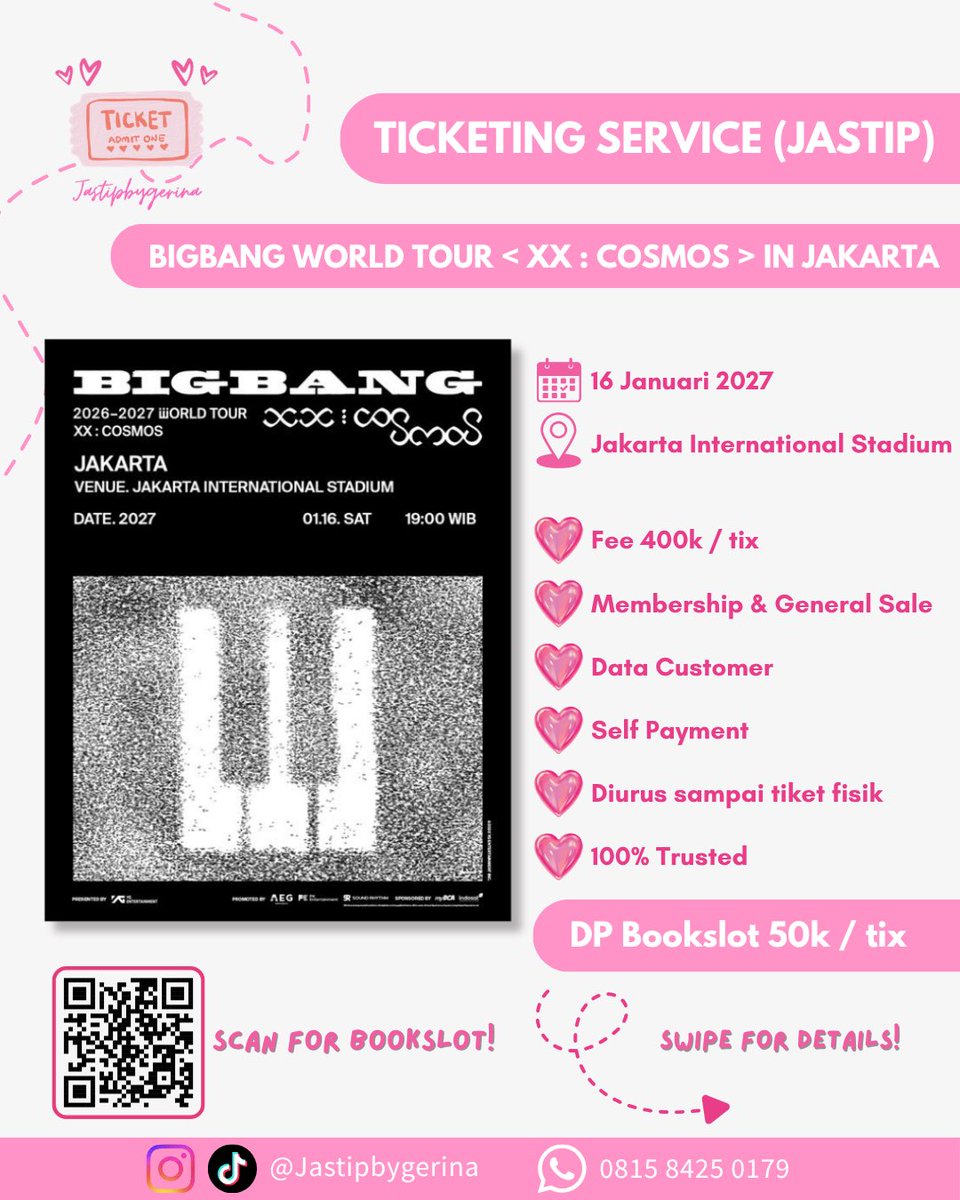 gerimiese_'s tweet photo. OPEN JASTIP TIKET / TICKETING SERVICE
BIGBANG WORLD TOUR < XX : COSMOS > IN JAKARTA

💸 Fee 400k / tix
✅ Membership &amp; General Sale
✅ Data Customer &amp; Self payment
✅ Diurus sampai tiket fisik
✅ 100% Trusted

DP Bookslot 50k / tix 
🔗 https://t.co/urJUEbJ8G3

#BIGBANG https://t.co/ToGZ6TkmLB