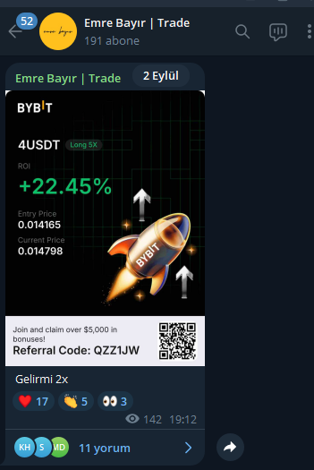 emrebayiir's tweet photo. 3 günde 2x
Ve bu bir meme coin değil.
Basit bir trade işlemi.

Benim için boğa marketine gerek yok.
Yüksek kârları trade grubumda yakalıyorum.

Geçen ay 4x yakalamıştım.
Onunda ekran görüntüsünü bırakıyorum.

Ve sadece bunlar değil.
Bazen %3 bazen %20 kârlar elime geçiyor.
Tabi ufak ufak kaybettiğimizde oluyor.

Ama total de çok şükür kazanarak büyüyoruz.
Grubum ücretsiz.
Gelmek isteyenler detayları tıklayarak görebilir.

🔗 https://t.co/6WXg7nEZFp