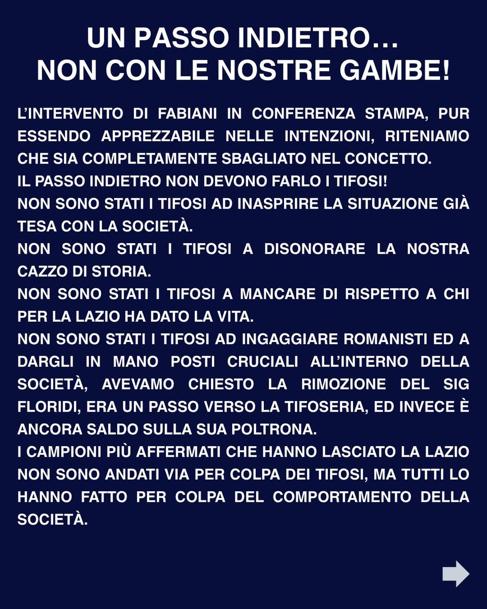 BrigataLazio's tweet photo. Nuovo comunicato del Tifo Organizzato dopo le parole di Fabiani in conferenza stampa.

La posizione è netta: nessun ripensamento e nessun passo indietro da parte dei tifosi.

«Il passo indietro deve farlo chi non ha a cuore il bene della Lazio, della sua storia e della sua gente.»

NESSUN RIPENSAMENTO! AVANTI LAZIALI!