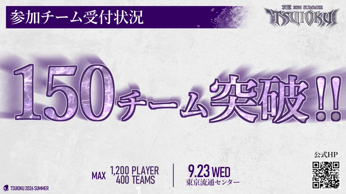 TSUIOKU_DM's tweet photo. ◤エントリー150チーム突破◢

皆さんの拡散と大きな反響を受け、エントリーが一気に150チームを突破いたしました。
ポイント倍率×4.8倍となる200チームが目前です。

早期エントリー特典は9/6(日)23:59まで対象です。
お早めのエントリーにご協力ください。

おひとりでも2名でも、
ランダムチームでご参加いただけます。

▼エントリーはこちら【先着順】
https://t.co/MApwqq3Iqw

#双憶2026SUMMER #デュエマ