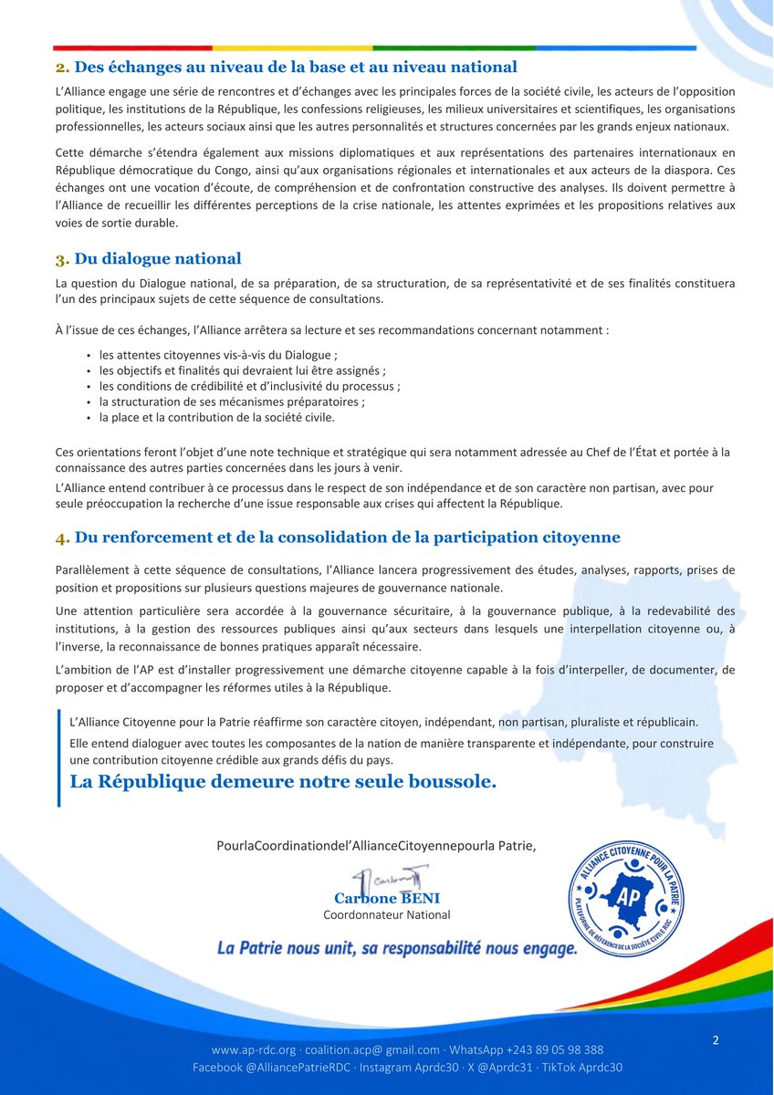 Aprdc31's tweet photo. Dialogue en RDC : Le pouvoir dit oui, l’opposition dit non, l’Alliance citoyenne pour la Patrie prononce son verdict dans son premier communiqué officiel 

Lire l'intégralité du communiqué ⤵️ https://t.co/fXK1Pji7fs