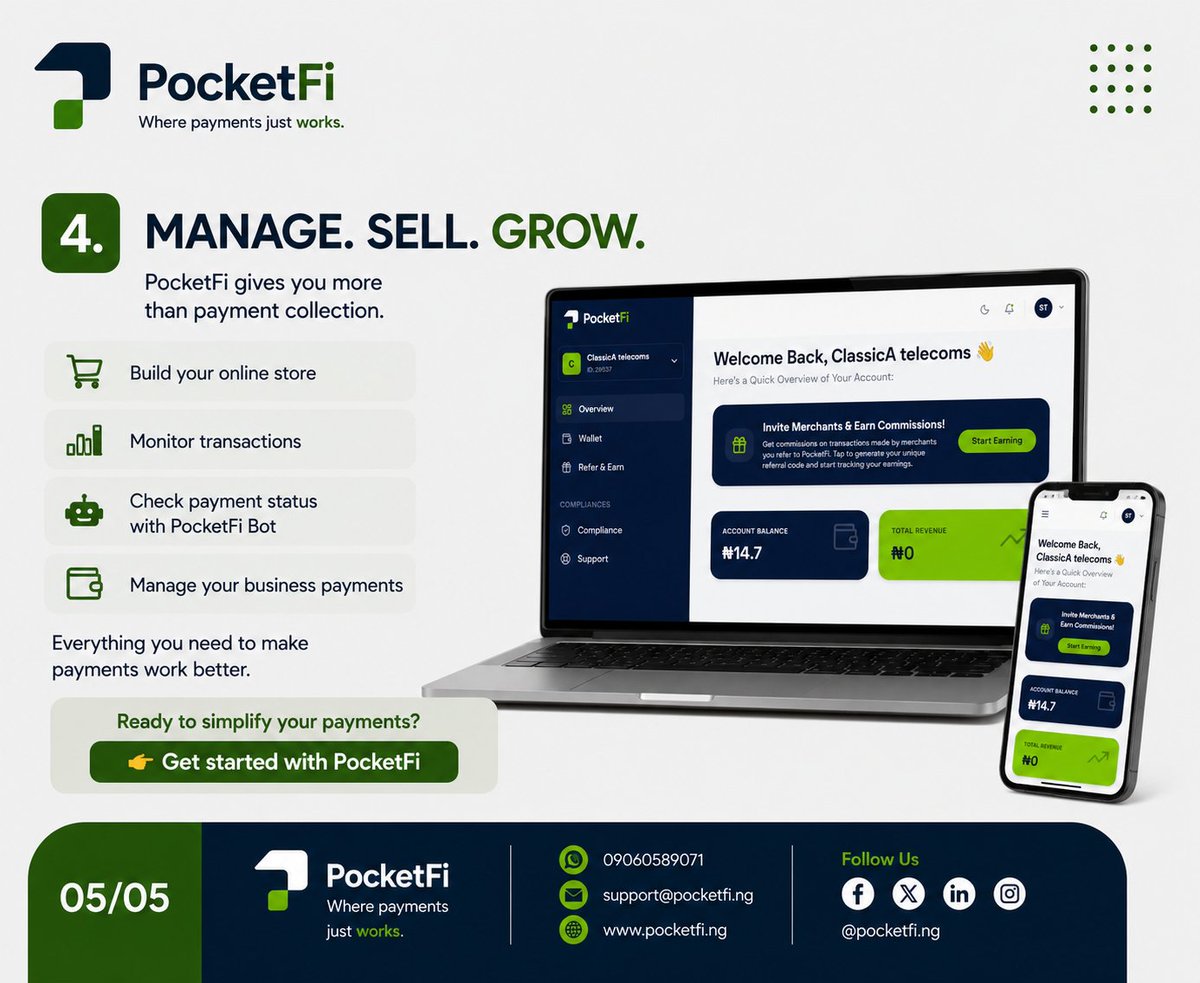 pocketfing's tweet photo. No. 4

🚀 Manage. Sell. Grow.

PocketFi gives your business more than payment collection. Build your store, monitor transactions, manage payments, and grow with ease. 💳📊💚

Everything you need to make payments work better.

PocketFi — Where payments just work. 💙💚 https://t.co/atEH1Kkgeu