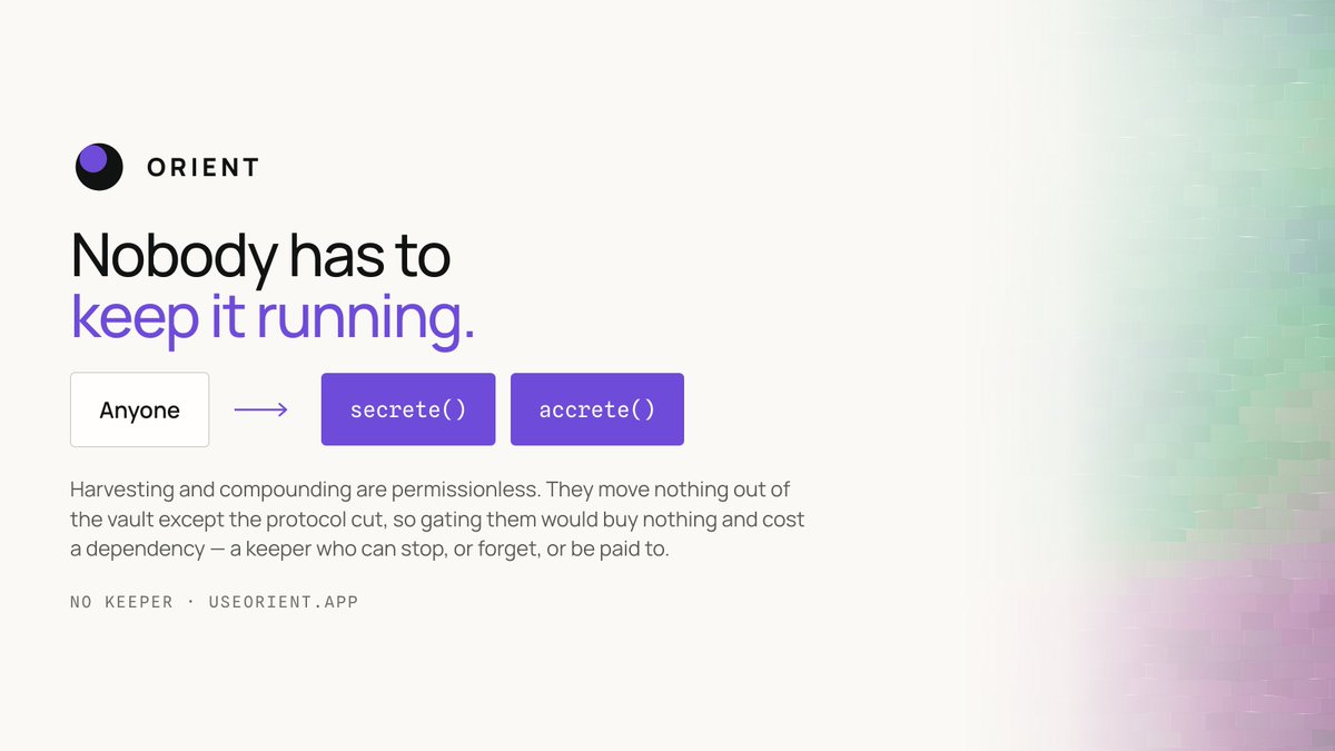 UseOrient's tweet photo. Nobody has to keep Orient running.

secrete() and accrete() are permissionless, anyone can harvest the fees and compound them. They move nothing out of the vault except the protocol cut, so gating them would buy nothing and cost a dependency: a keeper who can stop, forget, or be paid to.