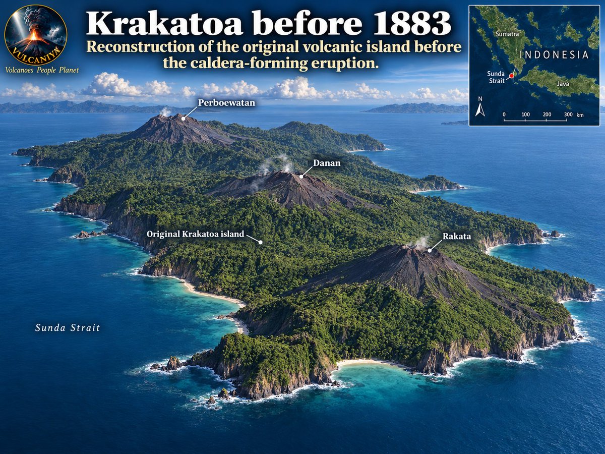 vulcaniya's tweet photo. Anak Krakatau, Sunda Strait, Indonesia

When I walked across Anak Krakatau some years ago, I stood on ground built in living memory over a magma system very much older than that. Rakata rose across the water, the surviving fragment of a mountain that collapsed in 1883, and beneath my own feet lay the child that grew up afterward in the same place, itself already broken and partly rebuilt by the time I arrived. The mechanism has not repeated. What keeps repeating is the outcome. A single magma supply, drawn from the subduction zone beneath the Sunda Strait, has driven every phase of construction here for as long as anyone has kept a record of it, but the ways the surface structure has failed have been genuinely different each time: a magma chamber emptying beneath a caldera roof in 1883, a young and overloaded flank sliding into the sea in 2018.

The first known collapse in this system happened long before anyone was counting years accurately. Sometime in the first millennium, by tradition around 416 or 535 CE, though neither date rests on solid evidence, an older volcanic edifice collapsed and left behind a caldera some seven kilometres across. Little more than that can be said with confidence about the event itself. Its rim survives today as Sertung and Panjang, once Verlaten and Lang Island to Dutch surveyors. New cones, Rakata, Danan and Perbuwatan, grew up afterward inside that caldera and merged, over time, into the single island that stood here through most of the nineteenth century.

That island did not last. Eruptive activity began at Perbuwatan on 20 May 1883 and reached Danan through June and July, progressively tapping a shallow, silica-rich magma system beneath both cones. Activity intensified sharply on 26 August, and in the most violent hours of the eruption early the next morning, the ground above that emptying chamber lost the support it needed and gave way. That is how a caldera forms, not an explosion carving out a hole, but ground dropping into a space an eruption has just emptied beneath it. The collapse destroyed Danan and Perbuwatan, and left only the southern part of Rakata, the cliff I could see across the strait, standing above the water. More than 36,000 people died, most of them in tsunamis generated during the eruption's final, most violent hours, whose precise combination of causes, collapse, explosions and pyroclastic flows entering the sea, is still debated among specialists. Some of those pyroclastic flows crossed roughly 40 kilometres of open water to reach the coast of Sumatra.

None of that stopped magma arriving from depth. The Indo-Australian plate slides beneath Sumatra and Java along the Sunda Arc, and the melt it generates answers to plate motion rather than to whatever has just happened at the surface above it. Steam and explosions were reported rising from the drowned caldera in the closing days of 1927, from a point between the old positions of Danan and Perbuwatan. A small island rose there and the sea washed it away again more than once before further eruptions finally built a cone that held, becoming a permanent island by 1930. Local observers named it Anak Krakatau, child of Krakatau, and it grew quickly after that, through explosions, ash falls and lava flows recorded well over forty times, reaching about 338 metres above sea level by 2018 at an average rate of some four metres a year.

That growth also set the conditions for a very different kind of failure from the one that broke Krakatau in 1883. Anak Krakatau had grown on the steep, submerged margin of the older 1883 caldera, water two to three hundred metres deep dropping away close to its base, with little solid ground supporting that side of the young cone the way rock supports a volcano built on a plain. Researchers modelling the island years before 2018 had already flagged that unsupported southwestern slope as the one most likely to fail. This time it was not a magma chamber emptying beneath a roof. It was a steep pile of loose ash and lava, built at that rate of roughly four metres a year for ninety years, finally too heavy for the ground beneath it to carry, and seafloor mapping done after the event found that the same southwestern slope had failed once before, in 1949, along an almost identical alignment.

Satellite radar had already picked up part of the warning, without anyone yet reading it as one: the southwestern flank was creeping slowly seaward along a detachment surface researchers later modelled beneath it, while thermal cameras recorded the cone running unusually hot through 2018. On the evening of 22 December, during an eruption that had been building all that year, a small earthquake shook the volcano roughly two minutes before the flank gave way, though scientists studying the seismic record stop short of calling that earthquake the trigger. The whole southwest side of the cone slid into the sea in about a minute, a landslide that removed at least 150 million cubic metres of rock and, submarine mapping done years later confirmed, closer to half the island's total mass once the material lost underwater is counted, cutting the island's height from 338 metres to about 110. A landslide of that kind does not produce the strong, short-period shaking that an earthquake-based tsunami warning network is built to detect, so no alert went out, and the displaced water reached the coasts of Java and Sumatra within roughly half an hour. It killed 437 people who had no warning at all.

The collapse did more than remove rock. It opened the vent directly to the sea, reconfiguring the volcano's plumbing so that rising magma met seawater on its way up rather than open air, and the eruptions that followed turned Surtseyan, magma flashing seawater into steam in dark, ash-heavy bursts rather than the drier explosions of before. Eruptions in the following months added roughly 0.3 cubic kilometres of fresh tephra on top of the scar, burying the evidence of how the collapse had actually happened almost as fast as scientists could map it.

Both forces are still active in 2026. PVMBG raised Anak Krakatau to Level III, Siaga, on 2 July, and has held it there since, with a three-kilometre exclusion zone around the crater. The volcano entered a sustained phase of continuous eruption at 23:07 WIB on 4 September, observers describing red incandescent jets consistent with lava fountaining through the night, and satellites tracked the resulting ash to around 15 kilometres, with a second, lower ash layer drifting separately. PVMBG said on 5 September that the rebuilt cone remains too small, for now, to collapse on a scale capable of generating a tsunami like the one in 2018. Put another way, watching Anak Krakatau now means watching the same contest that the 1949 and 2018 failures both eventually resolved on their own: how much unsupported weight that slope can carry before gravity settles it. For the moment the agency's answer is that the new cone has not yet built up enough of it, and the exclusion zone stays fixed on the crater rather than the coastline.

Rakata still stands across the strait as the one piece of Krakatau old enough to have survived the 1883 collapse. Everything nearer the crater, the flooded caldera, the flank that gave way in 1949 and again in 2018, the fountains of lava that rose there overnight on 4 September, is the same magma supply finding, breaking and rebuilding its own way to the surface, in the same stretch of water, for as long as anyone has kept a record of it.