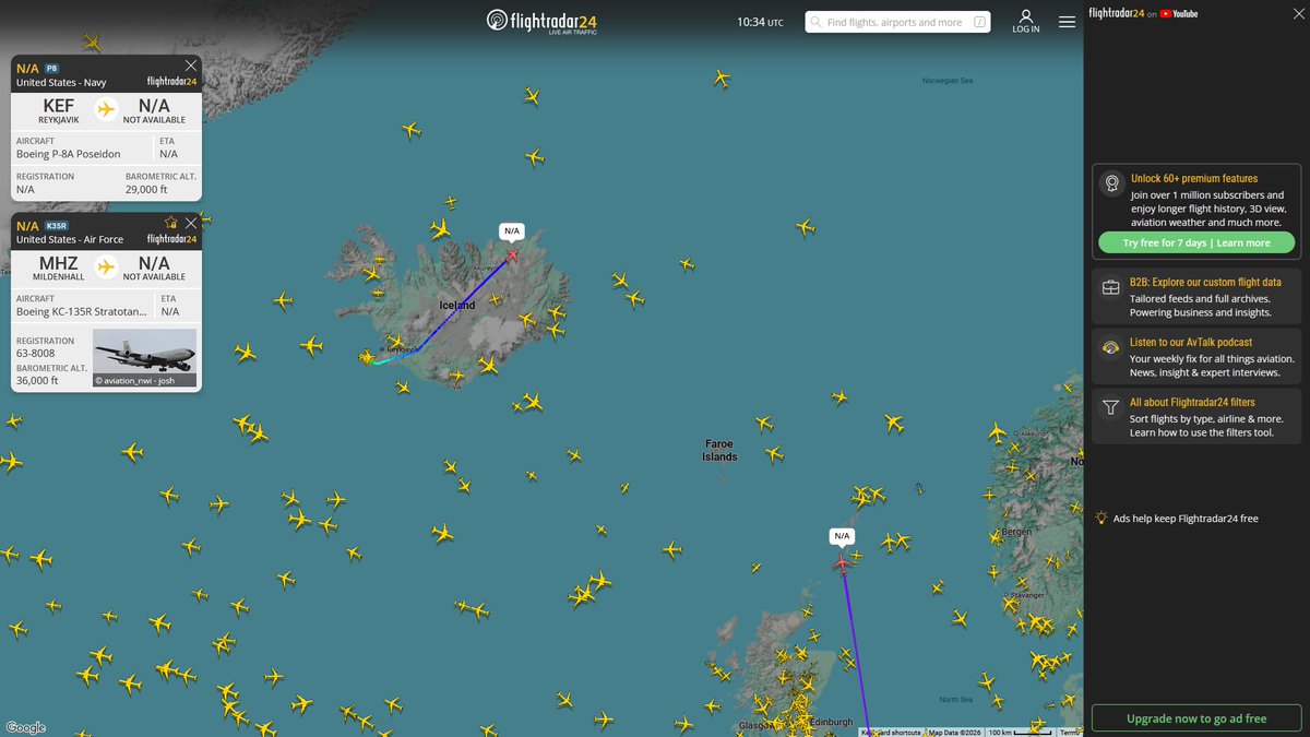 AIYeyENGDdJkjTr's tweet photo. Sept. 5, 2026
#Keflavík, Iceland ==>#Barents Sea #Murmansk offshore

#NoCALLSIGN #AE688D USN P-8A Poseidon 

Refueling 
#RAF Mildenhall ==> #Norwegian Sea 

#NoCALLSIGN #AE048A USAF KC-135R Stratotanker https://t.co/dw2z5X28WW