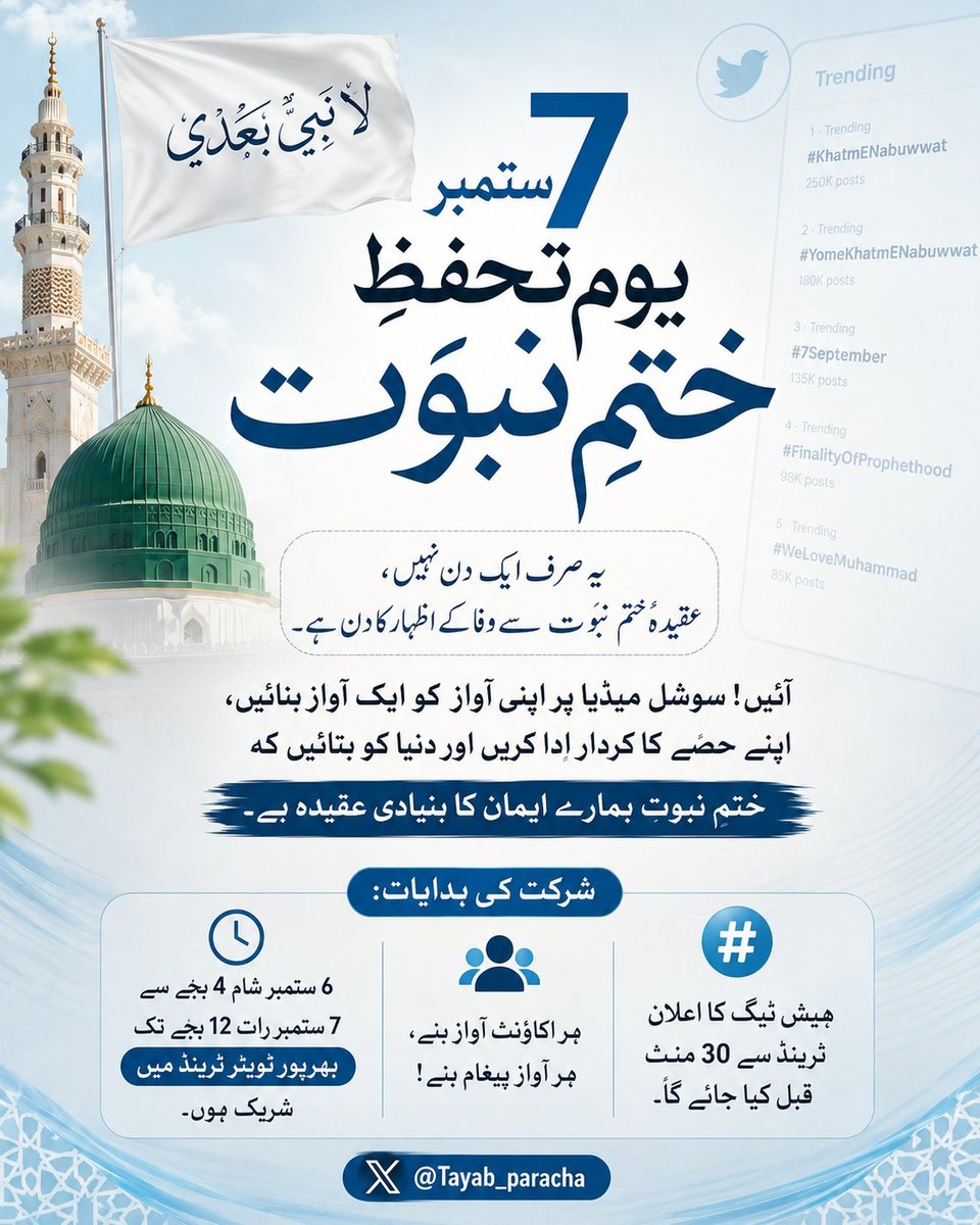 Tayab_paracha's tweet photo. 📢 اعلان برائے ٹویٹر ٹرینڈ
7 ستمبر یوم تحفظ ختم نبوت
سوشل میڈیا پر ختم نبوت کاکام کرنے والی تمام ٹیمز کی جانب سے لانچ کیا جارہاہے تمام احباب سے بھرپور شرکت کی اپیل ہے۔
آئیے اپنی آواز بلند کریں۔
6 ستمبر، شام 4 بجے
📌 ہیش ٹیگ کا اعلان ٹرینڈ سے 30 منٹ قبل اسی اکاؤنٹ سے ہوگا۔ https://t.co/TaVbSerGxN
