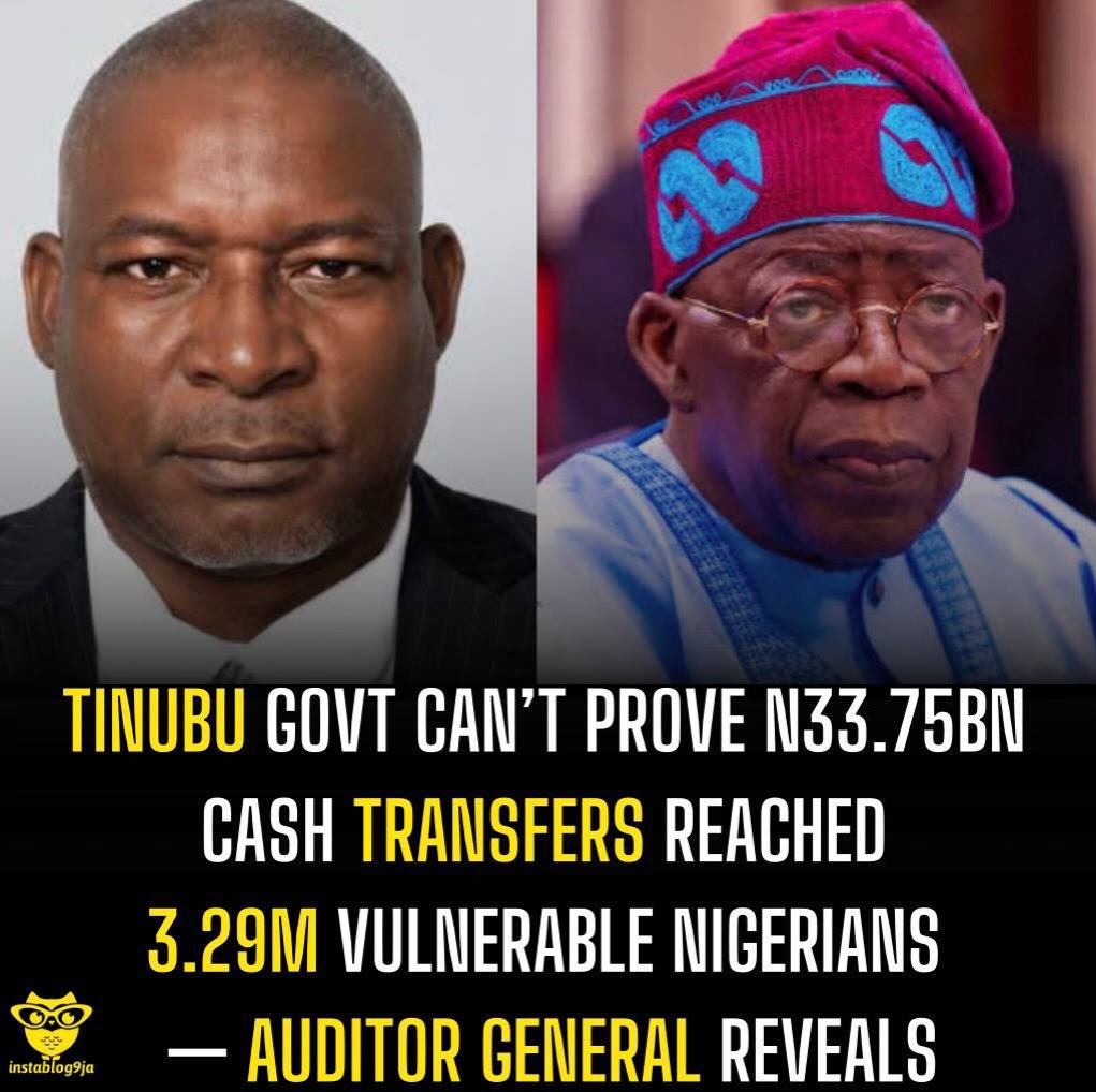 instablog9ja's tweet photo. Tinubu Govt Can’t Prove N33.75bn Cash Transfers Reached 3.29m Vulnerable Nigerians — Auditor General Reveals

The Federal Government could not provide sufficient evidence to auditors that N33.75bn in cash transfers meant for 3,295,207 vulnerable households actually reached genuine beneficiaries, according to the Auditor General for the Federation’s 2024 Annual Report.

The report, which reviewed transactions at the National Cash Transfer Office NTCO for the 2023 financial year, said electronic transfers totalling N33.751bn were made to beneficiaries across 35 states.

However, auditors said the paid vouchers lacked full beneficiary details, while the Remita statement needed to reconcile those paid with persons on the National Social Register NSR and National Beneficiary Register NBR was not provided.

“This hindered the authentication of the payments and made it difficult to ascertain whether the beneficiaries who received the funds were genuine,” the report stated.

It further alleged that efforts to obtain the payment records were blocked, stating, “All efforts to obtain access to the REMITA statement were obstructed and denied by NTCO accounts staff, thereby frustrating the audit process.”

The Auditor General warned of possible loss of public funds and payments to ineligible or fictitious persons, recommending that the National Programme Manager account for the N33.75bn before the National Assembly or recover and remit the funds to the Treasury.

The audit also queried N36.74bn paid through 215 vouchers without prepayment audit, warning of possible misapplication and diversion of public funds.

Another N4.616bn in 101 payments lacked supporting vouchers, while N350.18m disbursed for enrolment of unbanked beneficiaries across states remained unaccounted for.

The report also raised concerns over N393.71m reportedly returned by nine states, saying there was no evidence it was credited to the Consolidated Revenue Fund.

For all eight audit issues, the NTCO management reportedly failed to respond to the queries.