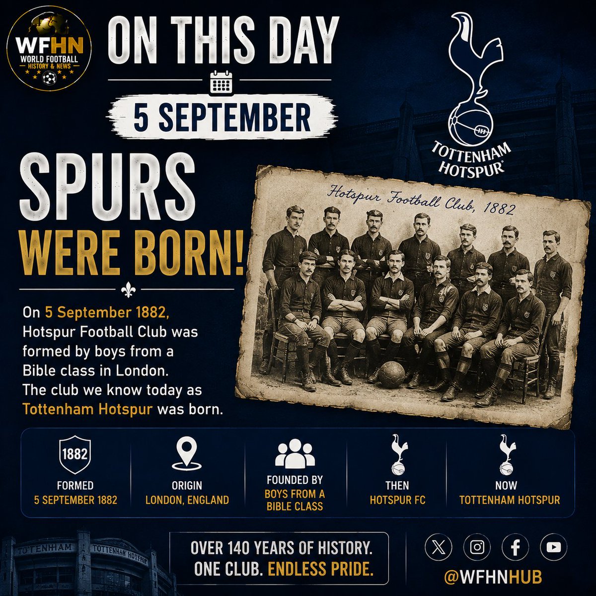 WFHNHub's tweet photo. ⚽ ON THIS DAY — 5 SEPTEMBER
🇬🇧 SPURS WERE BORN!
On 5 September 1882, Hotspur FC was formed by boys from a Bible class in London. The club later became Tottenham Hotspur. https://t.co/POUPC85rFl