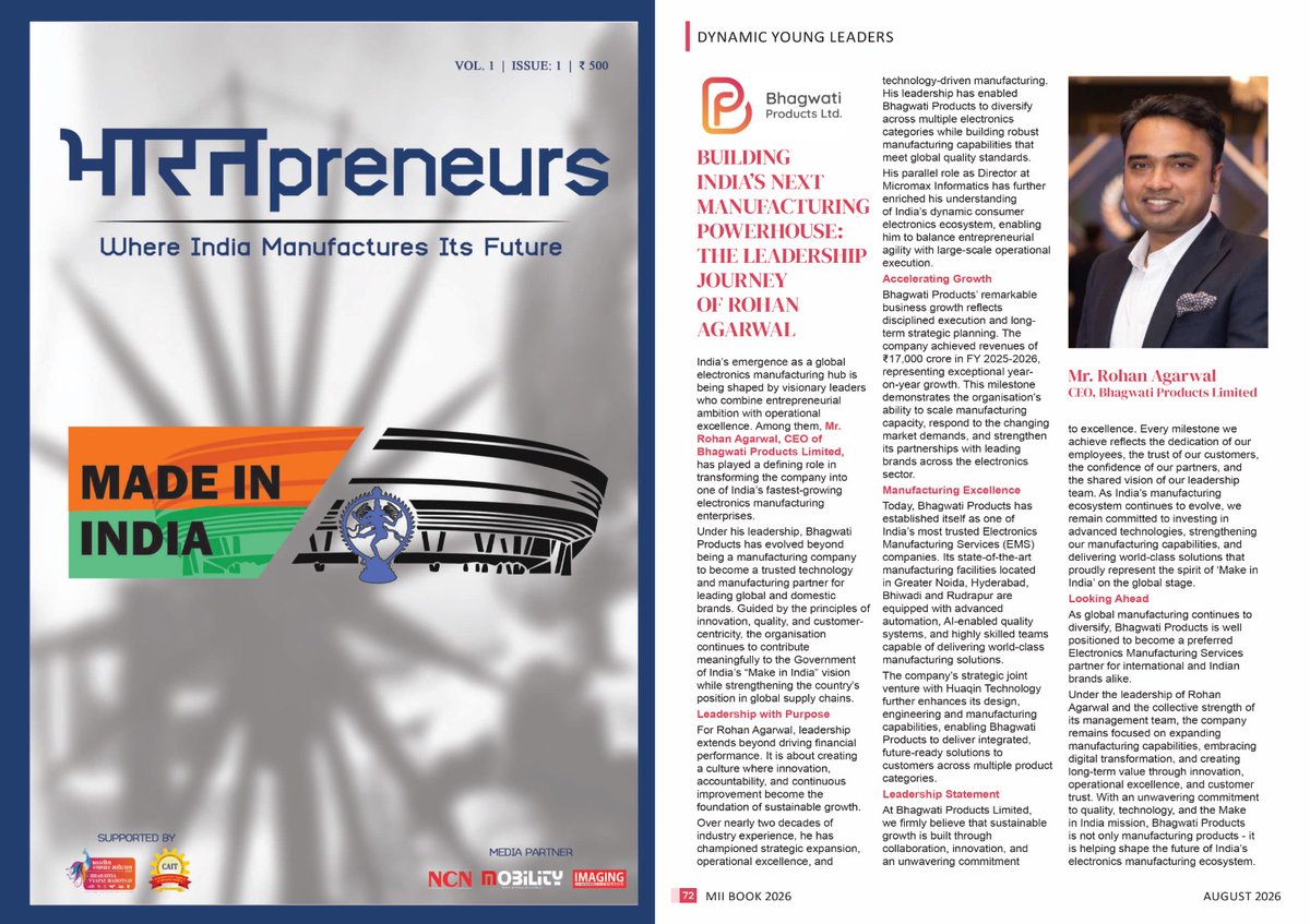 mobilitymag's tweet photo. Mobility is proud to feature Mr. Rohan Agarwal, CEO, Bhagwati Products Ltd, in the BHARATpreneurs Brand Book 2026

Make in India – Champions of Bharat Brand Book 2026 Link: https://t.co/iY5sCaSHIQ

Glimpse Link: https://t.co/lQDxisjtqB

@BhagwatiPL #BhagwatiProducts https://t.co/2W25pkULbR