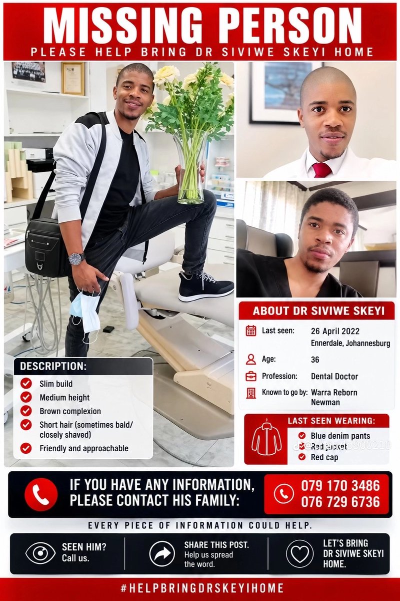 snazoDineka's tweet photo. Friends, please assist. Our brother has been missing since 2022. Till today we haven't found him or heard  from him. He is a dentist by profession and was last seen in Johannesburg. 🙏 https://t.co/fN5Gwsxzod
