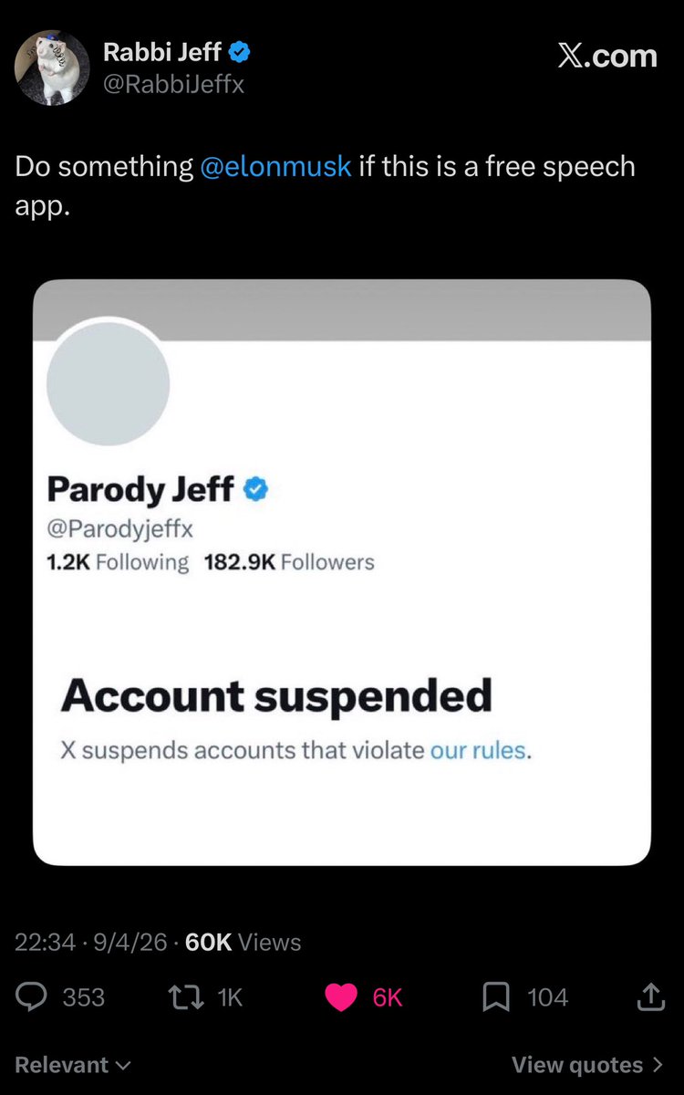 ModernShamanX's tweet photo. Everyone should cancel their X Premium subscription after @elonmusk removed @ParodyJeffX from the “Free Speech” app. 

He was just getting @Grok to admit the truth of what “Our Greatest Enemy” has been doing in Gaza. 

@RabbiJeffx is a deeply religious chosen man and if he can be deleted anyone can.

#ElonMusk is an enemy to humanity💯 I will no longer be buying a Tesla car or one of his Israeli Spy Robots to walk around my house