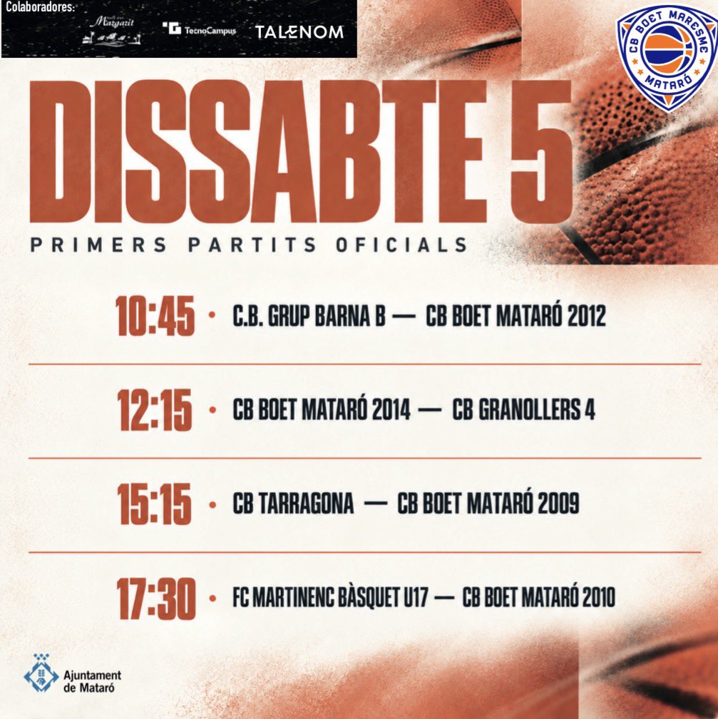 cbboetmaresme's tweet photo. 🏀 AQUEST ANY TOCA GAUDIR!

Comencen els primers partits oficials de la temporada. Molta sort a tots els nostres equips! 🧡

#basquet #boet #mataro #canteradevalors✋🏽🏀 https://t.co/BJZnkAlEi7