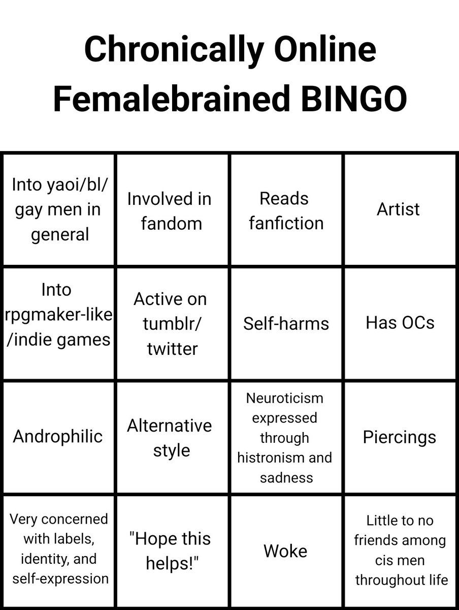 ahsleepp's tweet photo. I present to you, the chronically online male/femalebrained bingo https://t.co/vKSnkLWLkg