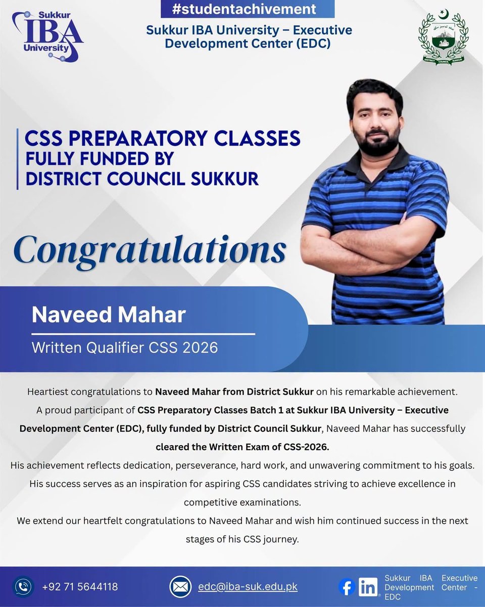 SyedKumailHShah's tweet photo. Proud to see the vision of Chairman @BBhuttoZardari translating into real opportunities for Sindh’s youth.

Through the collaboration of District Council Sukkur and Sukkur IBA University, our CSS Preparatory Classes are empowering talented young people with quality preparation and scholarships.

Congratulations to Naveed Mahar, a Batch-1 student, on successfully passing the CSS-2026 written examination. His achievement is a testament to the potential of our youth.

With 13+ students already succeeding in various competitive examinations, we remain committed to creating more pathways to excellence. 🇵🇰

@AseefaBZ 

#SKHS #DistrictCouncilSukkur #SukkurIBA #CSS2026 #CSSPreparatoryClasses