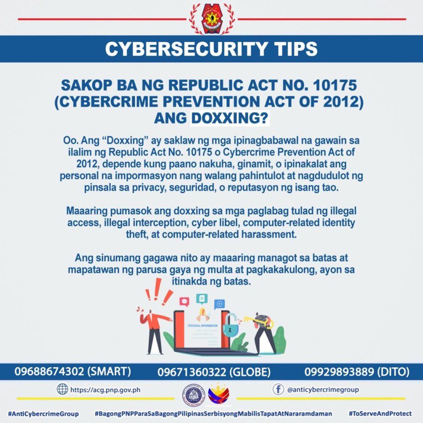 KSNHotline's tweet photo. Doxxing is not okay. Posting someone's private info without consent to harass or threaten them is a serious offense punishable under RA 10175 (Cybercrime Prevention Act). Protect each other online—respect privacy and think before you post! 🚨 https://t.co/S6douNvTS7