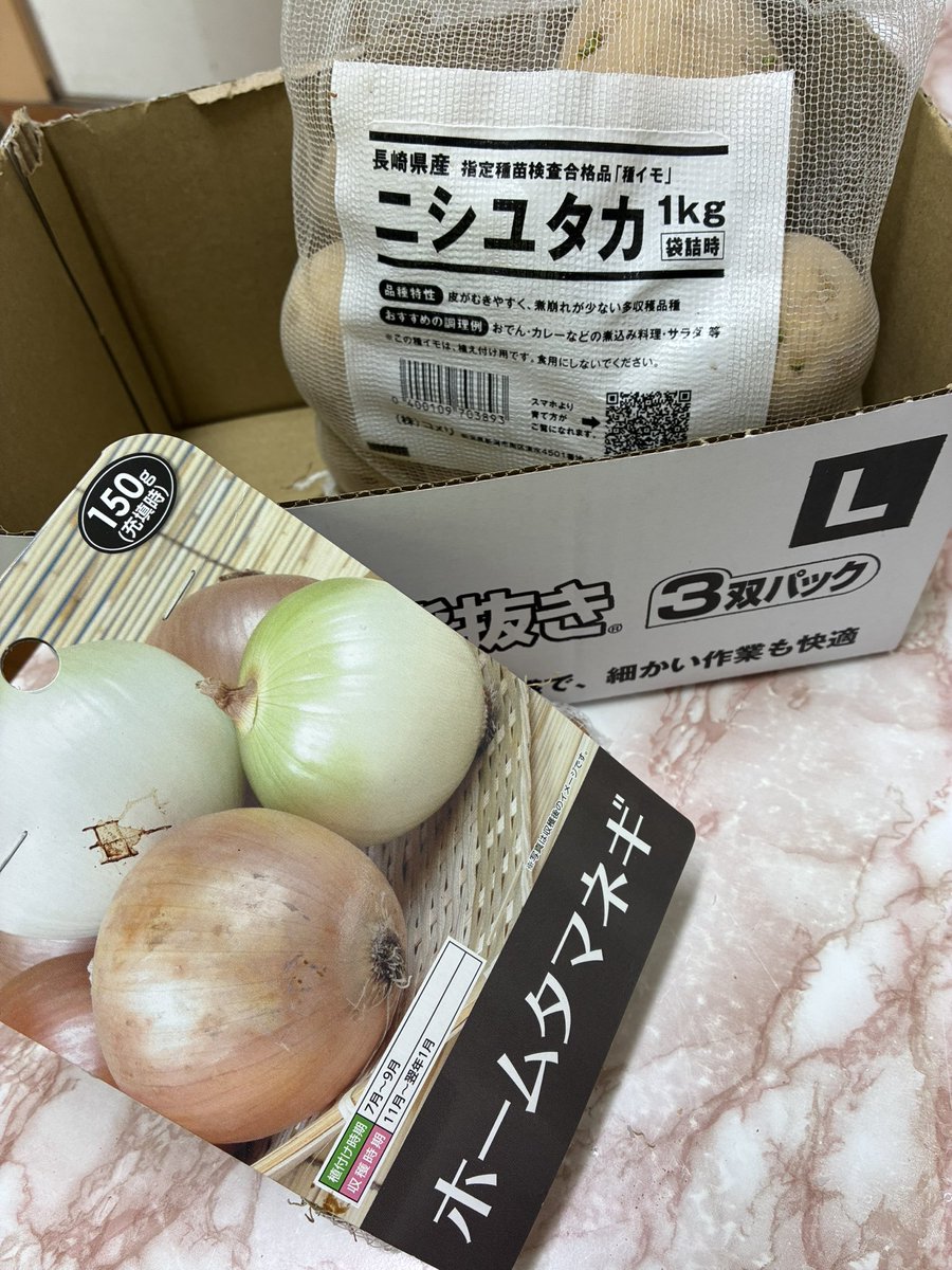 miruponusagi's tweet photo. じゃがいも🥔と玉ねぎ🧅
買ってきちゃったー🥰

どちらもプランター栽培だけど
沢山の実りを期待して🩷🩷🩷

ニンニク🧄も用意してるけど
植えつけは　もう少し
先になりそうだね✨

#家庭菜園 https://t.co/5En4X86j4R