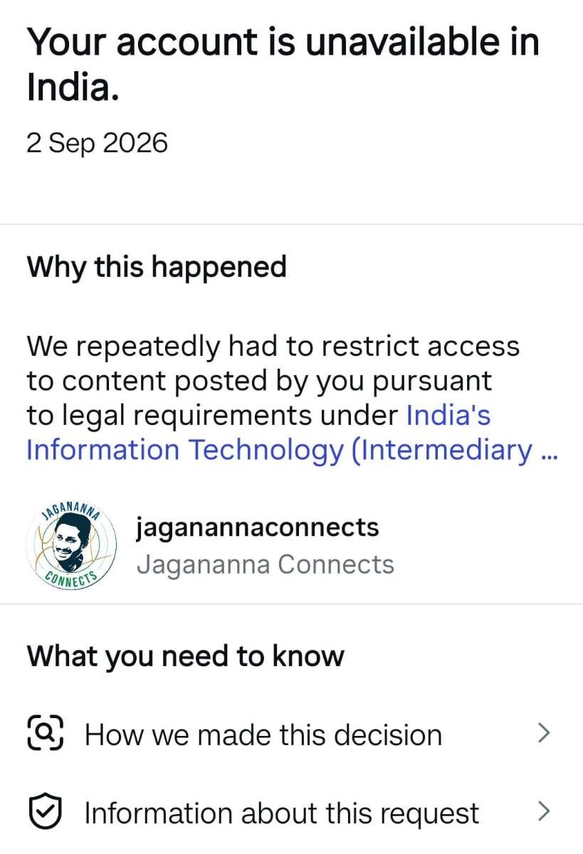 ysjagan's tweet photo. Hello India!

The DSC 2025 recruitment scam is unravelling day by day, with fresh evidence and facts surfacing from different parts of the state, exposing serious irregularities and raising questions that the @ncbn -led TDP coalition government must answer. Instead of answering these questions and agreeing to a CBI inquiry to bring out the truth, the TDP coalition government is denying an independent probe and choosing to silence the voices raising these questions. Posts and accounts of Opposition parties, media platforms, social activists and individuals raising their voices against the DSC recruitment scam on Meta’s social media platforms, Facebook and Instagram, are being restricted, removed or geo-blocked, with Meta citing “legal requirements.” The accounts and pages affected by these restrictions include Sakshi TV on Facebook, Sakshi Digital on Instagram, BIG TV on Instagram, Jagananna Connects on Instagram and other individual handles raising these questions, among others. And it does not stop with the DSC scam. Anyone questioning the TDP coalition government over corruption, failures, broken Super Six and Super Seven election manifesto promises, high-handedness or abuse of power is being targeted. When you cannot answer the questions, you silence the questioners. This is not governance; this is censorship.

Freedom of speech and expression are fundamental rights guaranteed by the Constitution of India, and no government has the right to muzzle the Opposition, media, activists or citizens merely because their questions are politically inconvenient.

Chandrababu Naidu, what are you afraid of: the questions or the answers? If the evidence surfacing every day in the DSC recruitment is false, come before the people and disprove it with facts. Why are you denying a CBI inquiry? Why silence those exposing these alleged irregularities? Why restrict their posts and accounts? Deleting a post cannot delete evidence. Blocking an account cannot bury the truth. Face the Opposition politically, answer the people democratically and govern constitutionally.

How can you justify yourself when you had given teacher jobs without even having to write DSC exams!
How can you justify yourself when you had given teacher jobs without even passing TET (Teacher Eligibility Test)!
Issuing Sports quota GOs & post-recruitment cancelling those Sports quota GOs & yet candidates appointed under those GOs remain recruited, opening the gates and post-recruitment, shutting down the gates- all reeking of corruption!

I demand the immediate restoration of every account, post and piece of content restricted in this censorship drive and clear answers to these questions. I also challenge Chandrababu Naidu and his government: if you claim the DSC 2025 recruitment was clean and transparent, order a CBI investigation. Let an independent investigation establish the truth. Education Minister Nara Lokesh must take responsibility for the alleged irregularities and resign from his post.

 Restore the accounts. Stop the censorship. Answer these questions. Order the CBI probe. If you have nothing to hide, what are you afraid of?

#MegaDSCScam
#SaveDemocracy 

@AshwiniVaishnaw @GoI_MeitY  @HMOIndia   @Meta @MIB_India @facebook @instagram