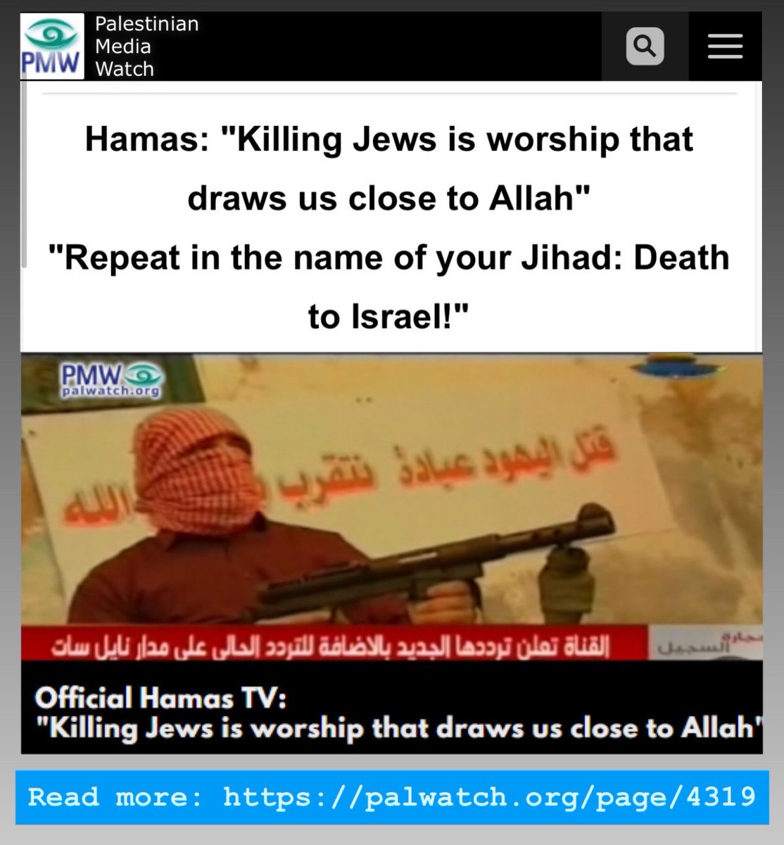 LizaRosen0000's tweet photo. This is mainstream Hamas TV: "Killing Jews is worship that draws us close to Allah. Repeat in the name of your Jihad: Death to Israel!"

Is Islam a death cult or a religion of peace? https://t.co/6e6mp5Bsrh