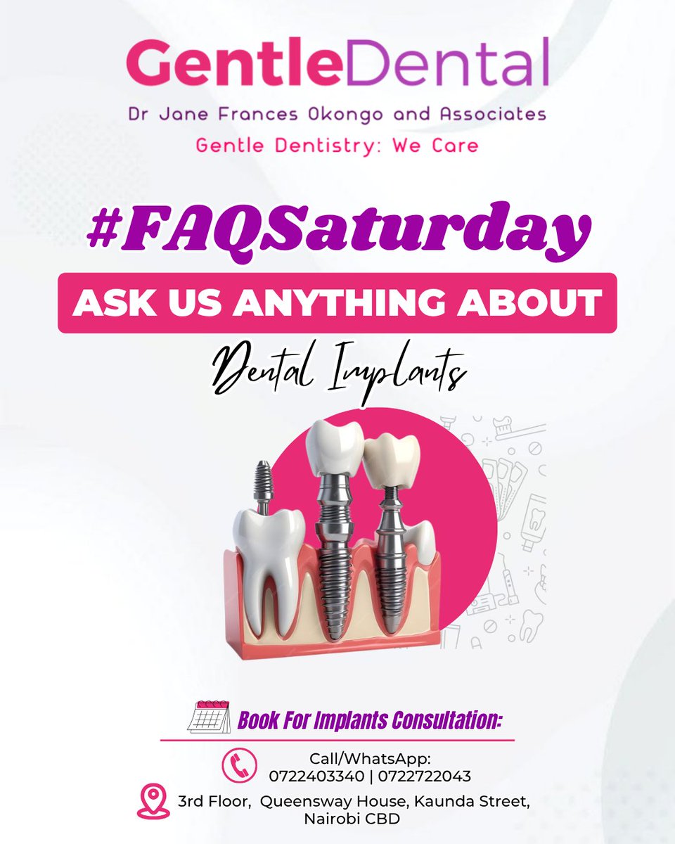 GDentalAfrica's tweet photo. Thinking about replacing a missing tooth? Book a consultation with our dental team.

📞Call/WhatsApp: 0722403340 / 0722722043
📍 3rd Floor, Queensway House, Kaunda Street, Nairobi CBD

#GentleDentalNairobi #DentalImplantsNairobi #DentistNairobi https://t.co/fj0E26SoXR
