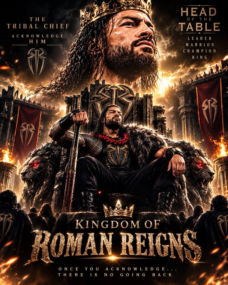 DS__GFX's tweet photo. ☝️ ONE MAN. ONE KINGDOM. ONE TRIBAL CHIEF. 👑
🔥 THE WHOLE WORLD ACKNOWLEDGES HIM.
🐺 @WWERomanReigns.
THE HEAD OF THE TABLE.
#RomanReigns #TheTribalChief #TheOTC #AcknowledgeHim #WWE Ai Generated image https://t.co/Xq4EkTROwS