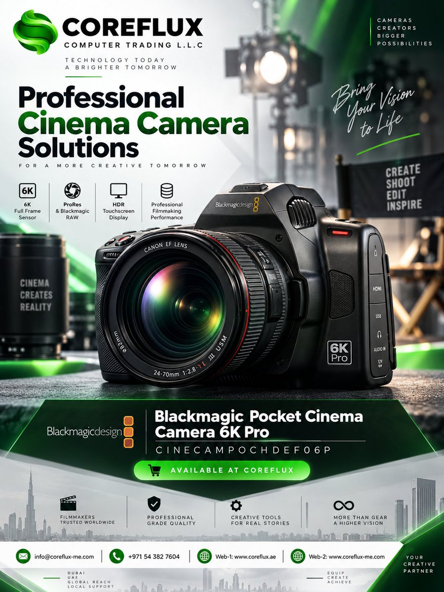 CorefluxLLC's tweet photo. Bring your vision to life with the Blackmagic Pocket Cinema Camera 6K Pro, available at Coreflux.
6K | ProRes & Blackmagic RAW | HDR Touchscreen | Professional filmmaking performance
#Coreflux #BlackmagicDesign #PocketCinemaCamera #6KPro #Filmmaking #CinemaCamera #Dubai https://t.co/vVxK3BRWbm