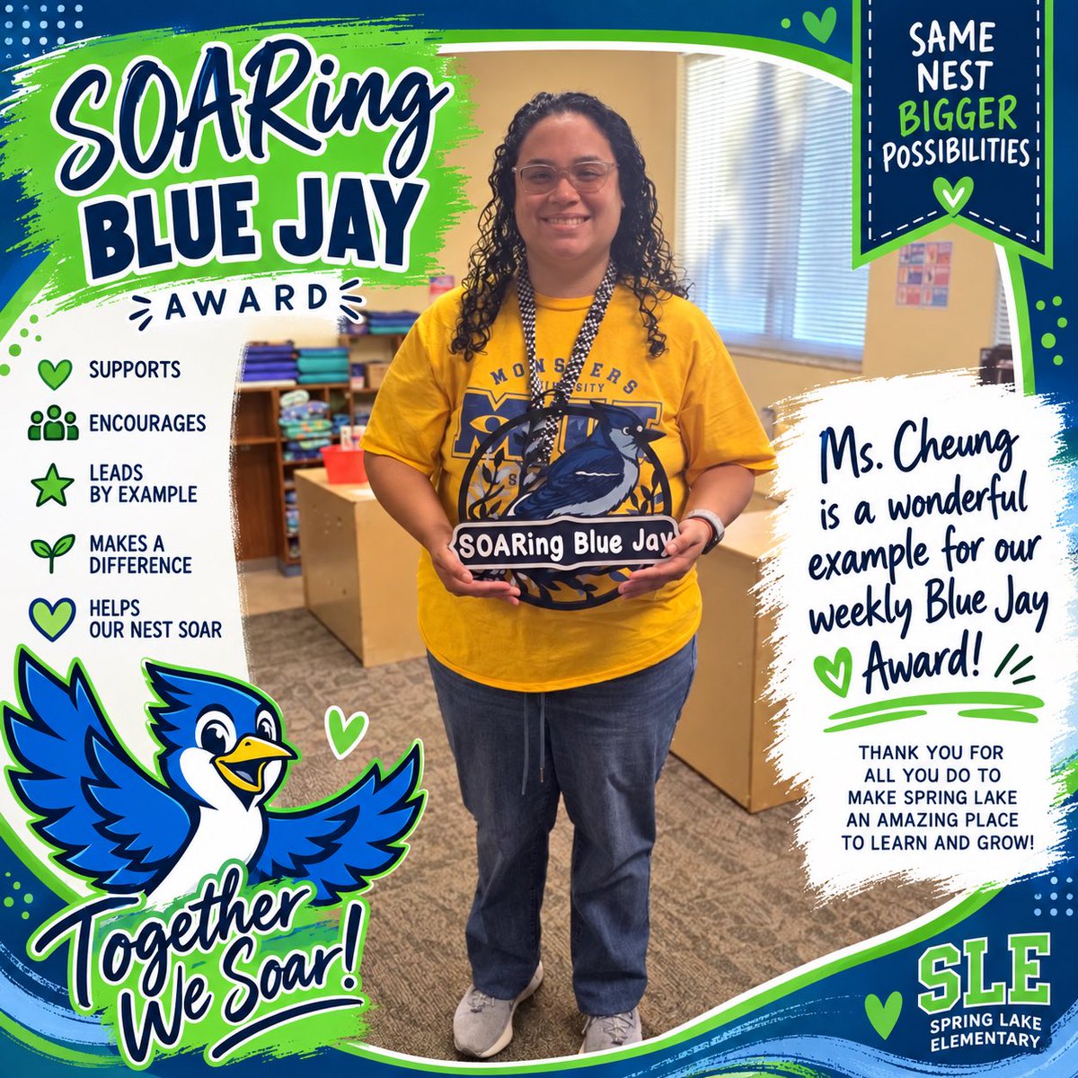 SpringLake_OCPS's tweet photo. 💙💚 Our Soaring Blue Jay Award goes to Ms. Cheung! 🐦✨ She is always willing to support her team wherever needed, share resources, and lead with a kind and caring spirit. Thank you, Ms. Cheung, for helping our Blue Jays SOAR! 💙💚 #TogetherWeSoar #SpringLakeElementary https://t.co/ChSzqebvNG