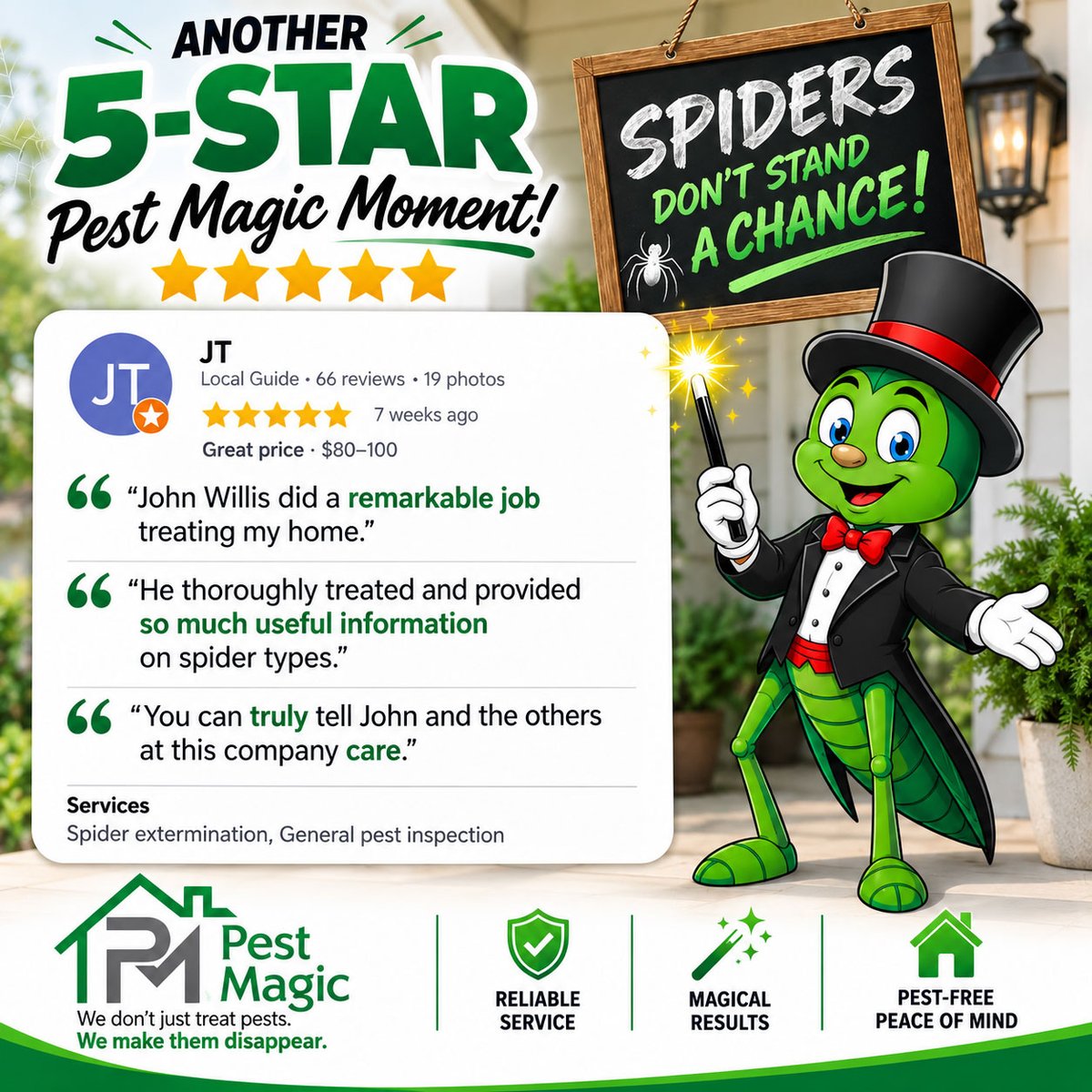 PestMagicGA's tweet photo. Spiders picked the wrong house.

John didn’t just send ’em packing—he took the time to explain what was crawling around and why. That’s the kind of service we call Pest Magic.

Thanks for the 5 stars, JT! ⭐⭐⭐⭐⭐ https://t.co/uiIaf5aqJo