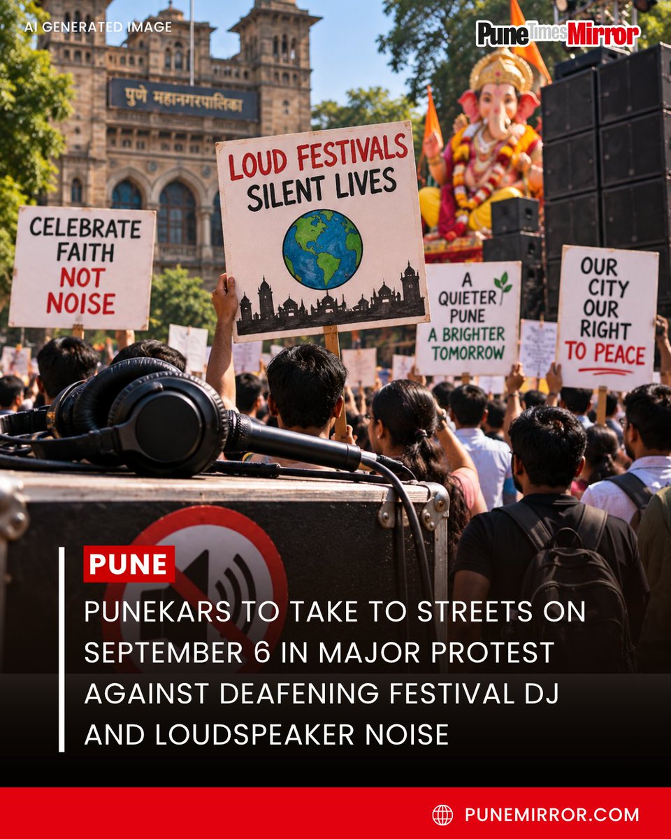 ThePuneMirror's tweet photo. Punekars are set to march on Sunday, September 6, 2026, to protest against the deafening noise of DJ and loudspeaker setups during the upcoming Ganeshotsav festival. Organized by the 'Punekar Against Loudspeaker' forum, the protest rally is scheduled to begin at 11:00 AM from Balgandharva Rangamandir Chowk. The march will proceed via the Jhansi ki Rani statue and culminate at the Pune Municipal Corporation (PMC) building. The protestors are demanding strict control over high-decibel noise pollution, effective implementation of existing sound regulation rules, immediate action against violators, and the right to a peaceful environment. The movement has gained widespread momentum following social activist Vidyanand Bapat's recent public opposition to loud DJ systems, which has provided a broad platform for citizens' concerns ahead of the festive season.

#PuneDJProtest #NoisePollutionPune #PunekarsAgainstLoudspeakers #Ganeshotsav2026 #PunePMC