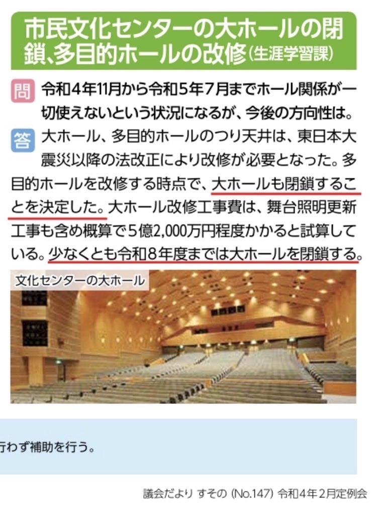 SprinklerAccid's tweet photo. 2022年、危険だから閉鎖することにした大ホールを村田悠市長は「市長のいない市役所と同じ」として閉鎖の決定を撤回。

2026年9月の利用再開も「安全性に問題がある可能性があるが、市や指定管理者は責任を負わないので利用してください」というもの。

#裾野市
#裾野市民文化センター https://t.co/zDuCiWLVC7