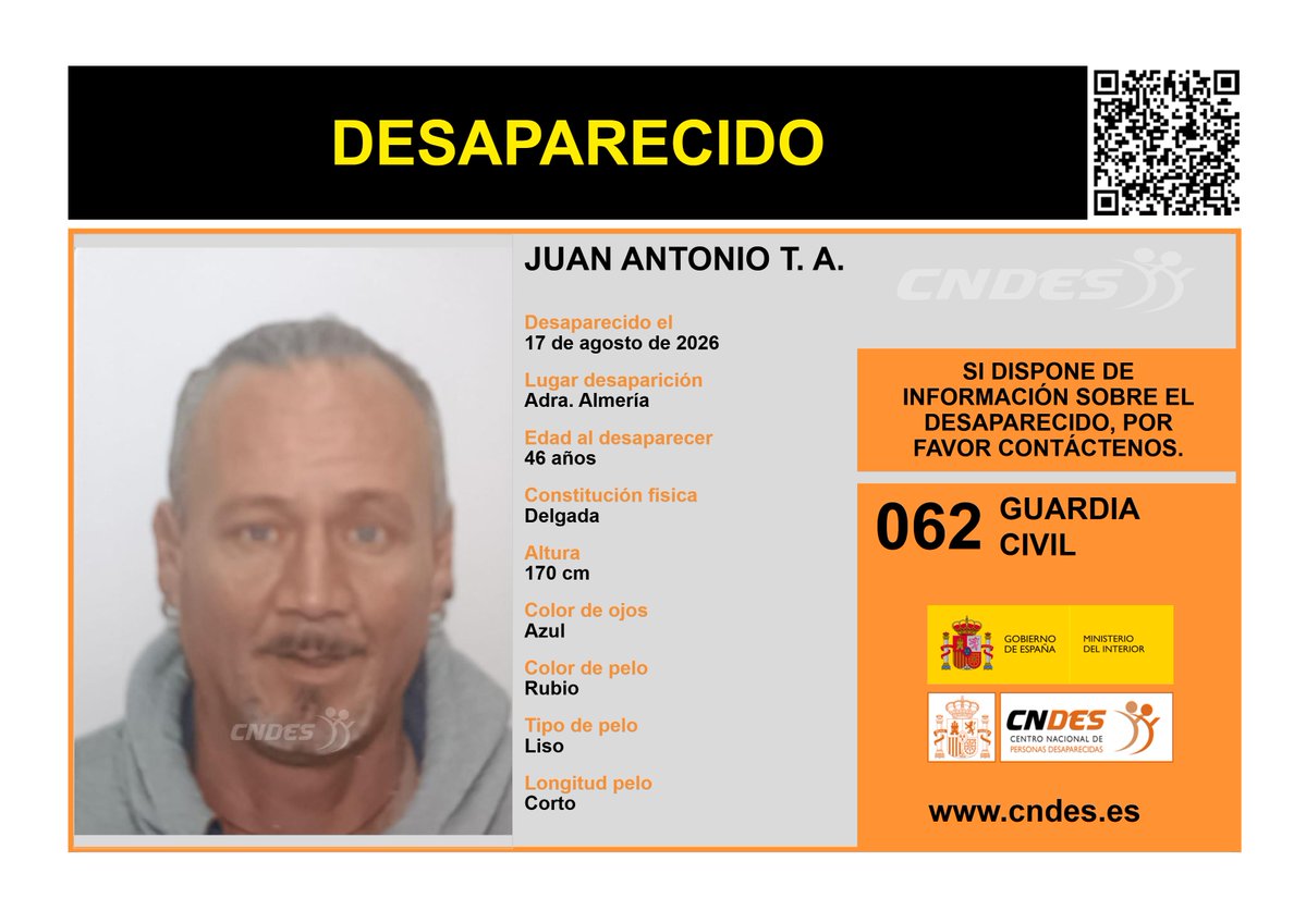 cndes_oficial's tweet photo. ⚠️𝘼𝙇𝙀𝙍𝙏𝘼⚠️
🧐Desapareció: #Adra #Almería
🔁RT📲para ayudar a su localización
Si tienes noticias de su paradero:
📞062 @guardiacivil
📩https://t.co/6IFBIqNOoo
🔗Canal oficial @cndes_oficial https://t.co/IVtsFdFIPS