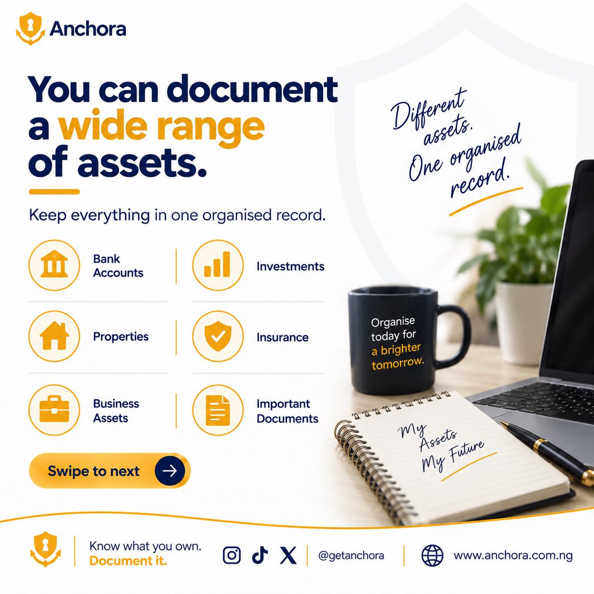 getanchora's tweet photo. Different assets. One organised record. 

From bank accounts and investments to properties, insurance, business assets and important documents, Anchora helps you document what you own and keep it organised.

#Anchora #AssetDocumentation #AssetManagement #FinancialOrganisation https://t.co/l8hu6LBqHd