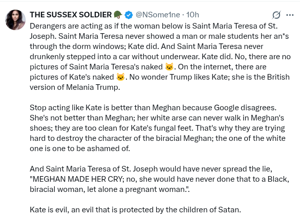 ToniSmith_UK's tweet photo. I genuinely had to pinch myself to make sure I wasn’t dreaming after a late-night cheese binge.

Starting off quoting 19th-century Carmelite nuns, swerving violently into foot inspection duty, and then sticking a dramatic, theatrical landing on "an evil protected by the children of Satan"?!

Darling, she’s sewing name tapes into school socks in Windsor, not summoning gargoyles from the underworld. Put the kettle on, grab a chocolate biscuit, and step out into the garden for five minutes. This belongs in a pantomime, honestly. The sheer melodrama has made my weekend, though I’m fairly sure summoning the Prince of Darkness breaches platform guidelines! 🤣🤣🤣🤣🤣🤣🤣🤣