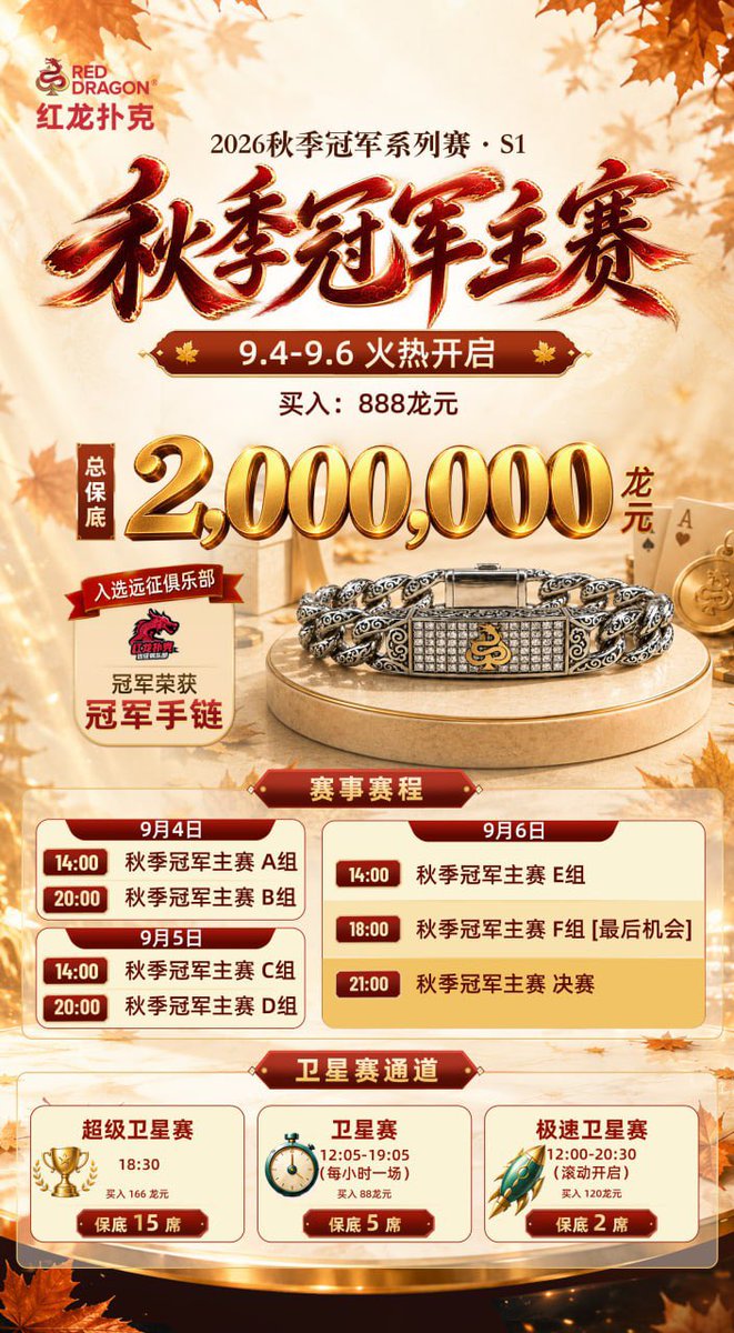 YoshiWorldPoker's tweet photo. 🍁 红龙秋季冠军主��，200万保底开战！🐉

888龙元买入，冲击 2,000,000龙元总保底 🔥
而且这次不只是奖金——

🏆 冠军额外拿下「红龙扑克冠军��链」！

📅 9月4日－9月6日
💰 买入：888龙元
💎 总保底：2,000,000龙元
🏆 冠军专属手链
🚀 多场卫星赛同步开放，最低88龙元就能抢主赛席位！

主赛已经开打，今天还有 C、D 两组，
明天 E、F 最后机会＋21:00决赛。

想用小门票打进200万奖池的，卫星赛直接冲。🔥
秋季这一条手链，看看最后戴在谁手上。😎

#红龙扑克 #RedDragonPoker #德州扑克 #线上扑克 #Poker #扑克赛事

👇 红龙赛事资讯 / 最新活动都在这里