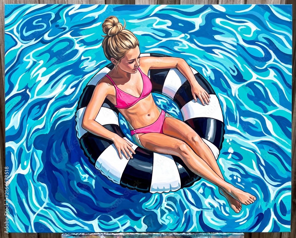 deep_vision27's tweet photo. https://t.co/ukHRFiPPpF
Vibrant pop art painting of a woman in a pink bikini relaxing on a striped pool float in blue water

#popart #painting #illustration #woman #poolfloat #innertube #swimmingpool #water #summer #vacation #holiday #relaxing #bikini #pinkbikini #blonde https://t.co/L2LeoHfAyB