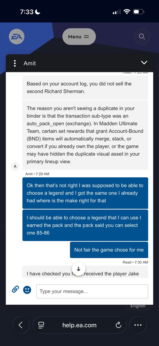 nate_G305's tweet photo. @Zirksee  so I redeemed my 85-86 spotlight token pack for the bnd legends and I never got the pack and ea is saying the game opened the pack for me and gave me Richard Sherman that I already had 🤣 https://t.co/9pmcmitKCl