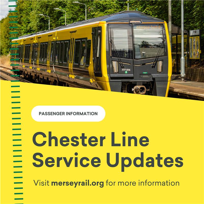 merseyrail's tweet photo. ⚠️ Latest Service Updates
 
🟩 Some services on the Chester line have been cancelled or changed, due to a delay affecting a train's journey.
  
ℹ️ Please click here for details: https://t.co/aPpCnqn5Yb https://t.co/hSyy9cYuyU