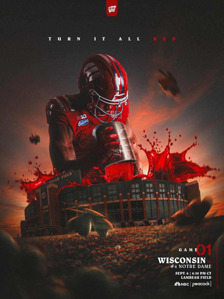 BadgerFootball's tweet photo. 𝗔 𝗱𝗶𝗳𝗳𝗲𝗿𝗲𝗻𝘁 𝘀𝗵𝗮𝗱𝗲 𝗼𝗳 𝗚𝗿𝗲𝗲𝗻 𝗕𝗮𝘆 🔴

Game 01 vs. Notre Dame 
Sunday, Sept. 6th 
Lambeau Field 
6:30 PM CT on NBC | Peacock https://t.co/L8Oq2SGwu2