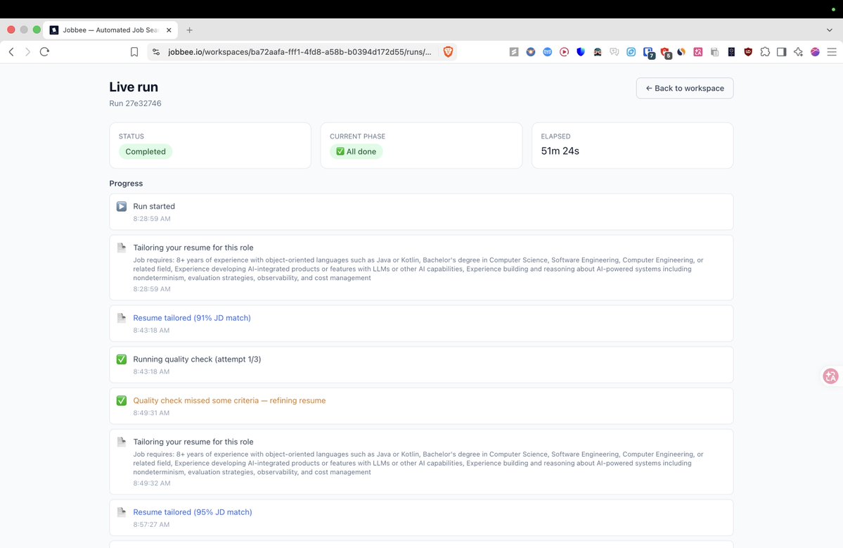 Jobbee_io's tweet photo. Why "95%" instead of "100%"?

Because "100%" is what tools that don't check their work say.

We show an honest JD-match score — if a role asks for something you lack, the resume says so, the gap notes say what's missing.

No fake perfection. Ever. 

https://t.co/gst0uKvpme https://t.co/GhV5EIuiYn
