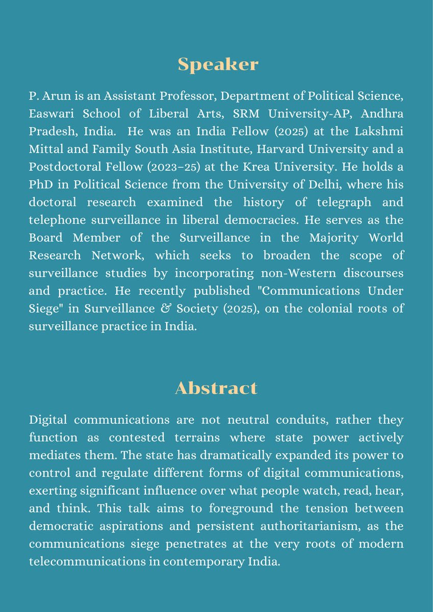 thevimarsh_'s tweet photo. With delight, we invite you to a lecture and discussion with Dr. P. Arun on Sept 12 at 6 PM  IST. 

Join us to explore a tension between democratic potential and surveillance underwriting telecommunications in contemporary India.

Register: https://t.co/4R2ayqzt1P https://t.co/85zCZEdqZ8