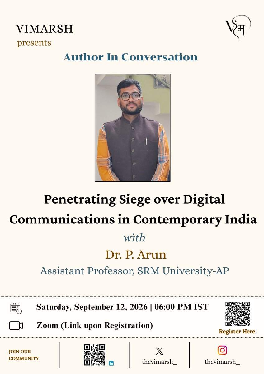 thevimarsh_'s tweet photo. With delight, we invite you to a lecture and discussion with Dr. P. Arun on Sept 12 at 6 PM  IST. 

Join us to explore a tension between democratic potential and surveillance underwriting telecommunications in contemporary India.

Register: https://t.co/4R2ayqzt1P https://t.co/85zCZEdqZ8