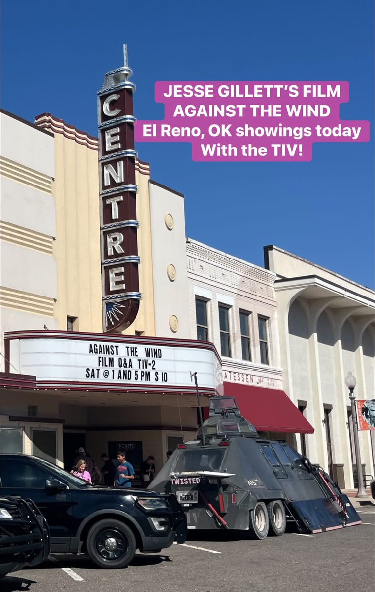 ReedTimmerUSA's tweet photo. BREAKING NEWS!

Jesse Gillett’s @JesseGillett1 new film on the TIV2, called AGAINST THE WIND, premieres at the Centre Theater in El Reno, Oklahoma today at 1 pm and 5 pm! The TIV2 will be there along with the team. 

If you are near El Reno go check it out! https://t.co/0HWBrOCVMk