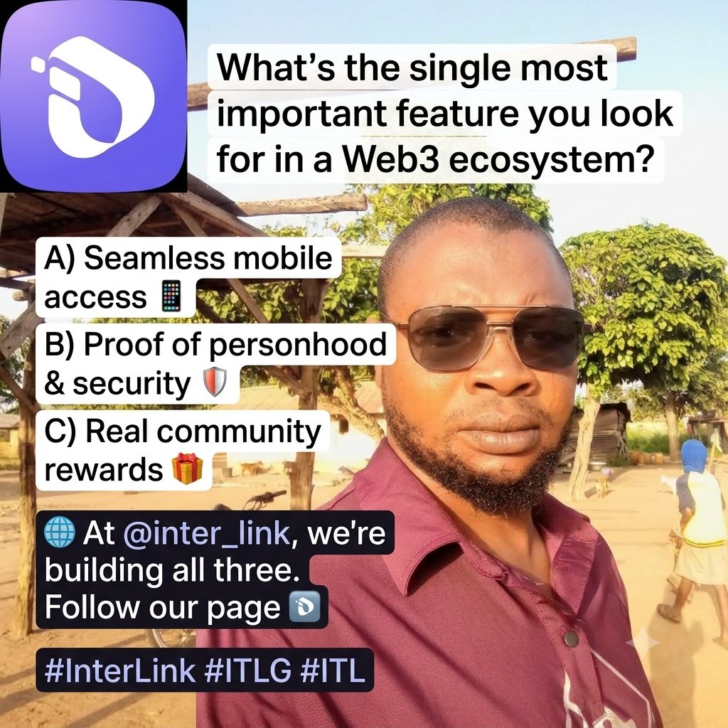 quadri_idris's tweet photo. What’s the single most important feature you look for in a Web3 ecosystem?
​A) Seamless mobile access 📱
B) Proof of personhood &amp; security 🛡️
C) Real community rewards 🎁
​At @inter_link, we're building all three. Follow our page to stay on.
​#InterLink #ITLG #ITL https://t.co/XpQYqJPwVA